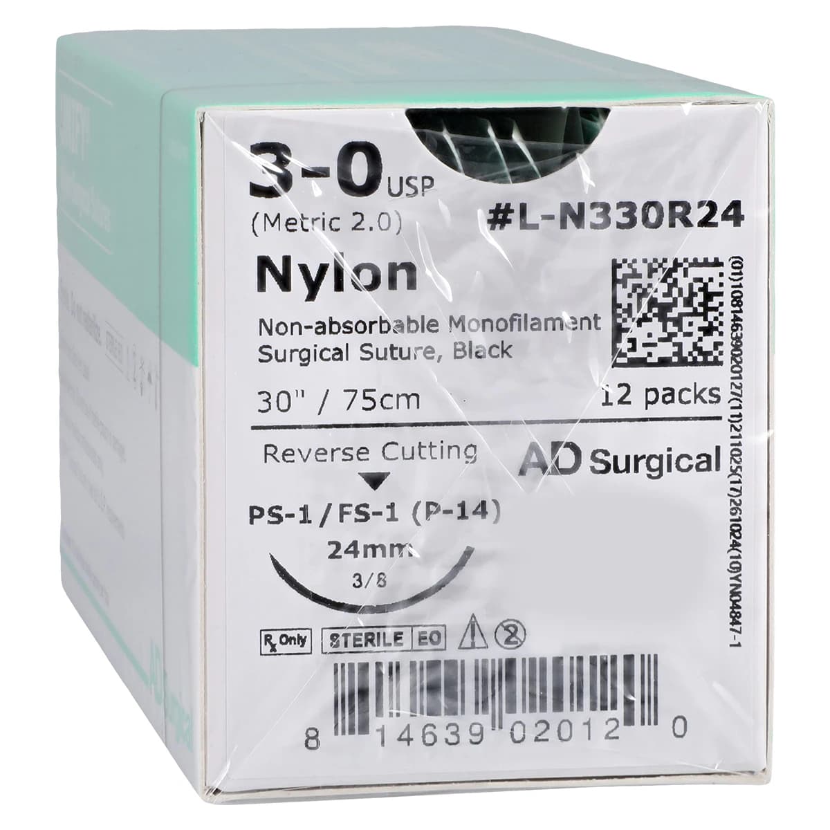 Unify Nylon Monofilament Suture, 3-0, 30", Non-Absorbable, FS-1 Reverse Cutting 3/8 Circle Needle 24mm, Black, 12/Box - Suture Nylon Black FS-2 Unify - Image 1
