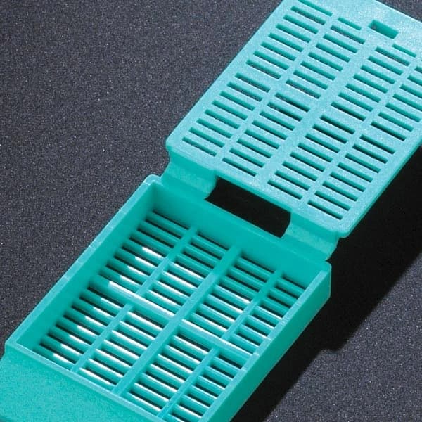 Globe Scientific Tissue Embedding Cassette, Plastic, Aqua, Attached Lid, Rectangular, 30° Writing Area, Dispenser Box, 1000/Case - Cassette Tissue 30 Degree - Image 1