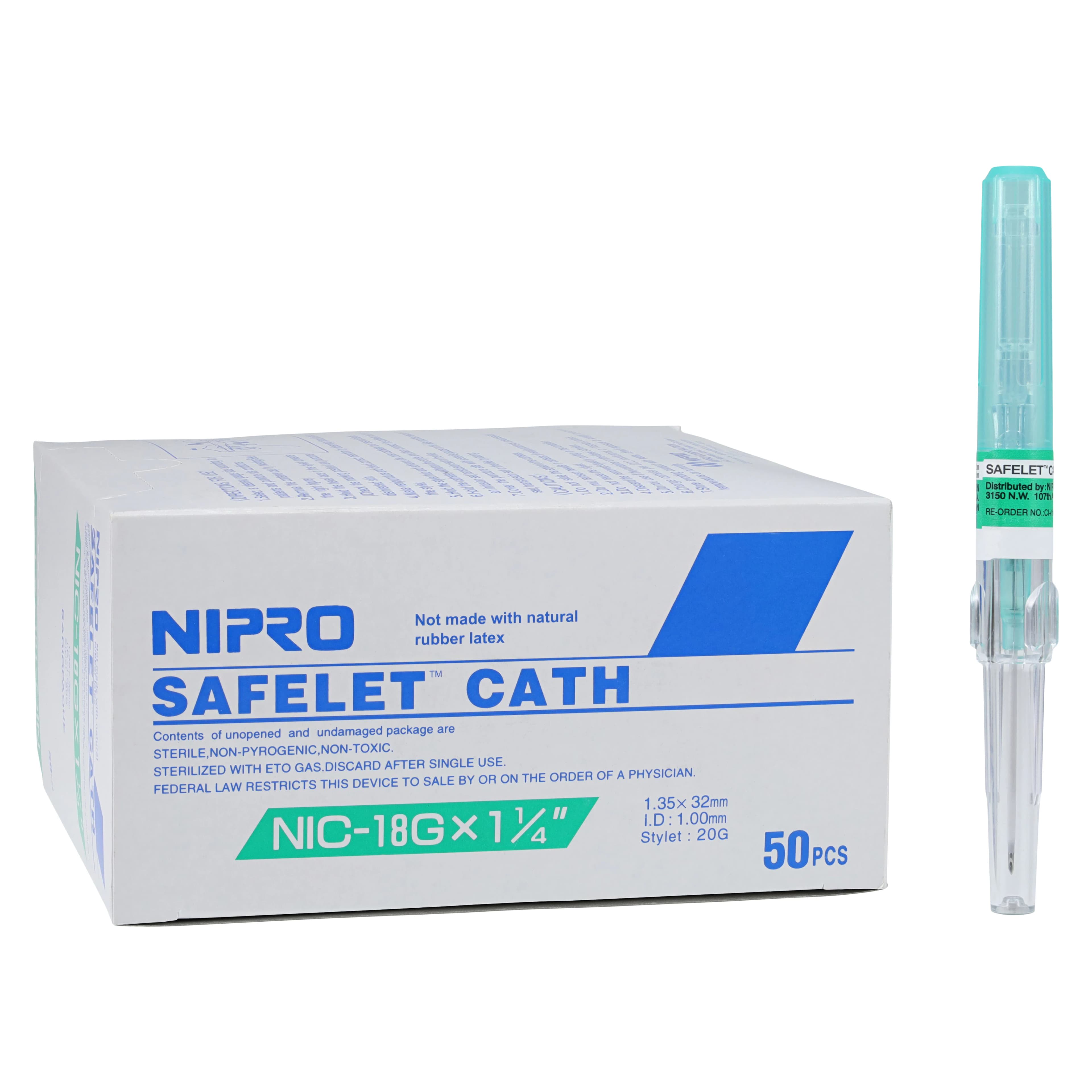 Nipro Safelet IV Catheter, 18 Gauge, 1-1/4", Luer Tapered End, Teflon, Sterile, Latex-Free, Green, Safety, 50/Box - Safelet IV Cath - Image 1