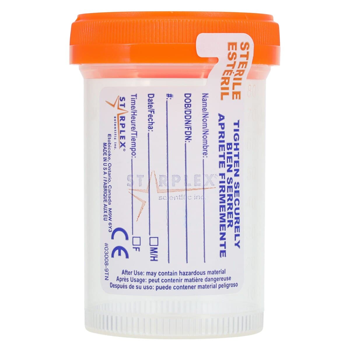 Starplex Scientific Specimen Container, 90mL, Polypropylene, Sterile, Narrow Mouth with Orange O-Ring Cap, 400/Case thumbnail 2
