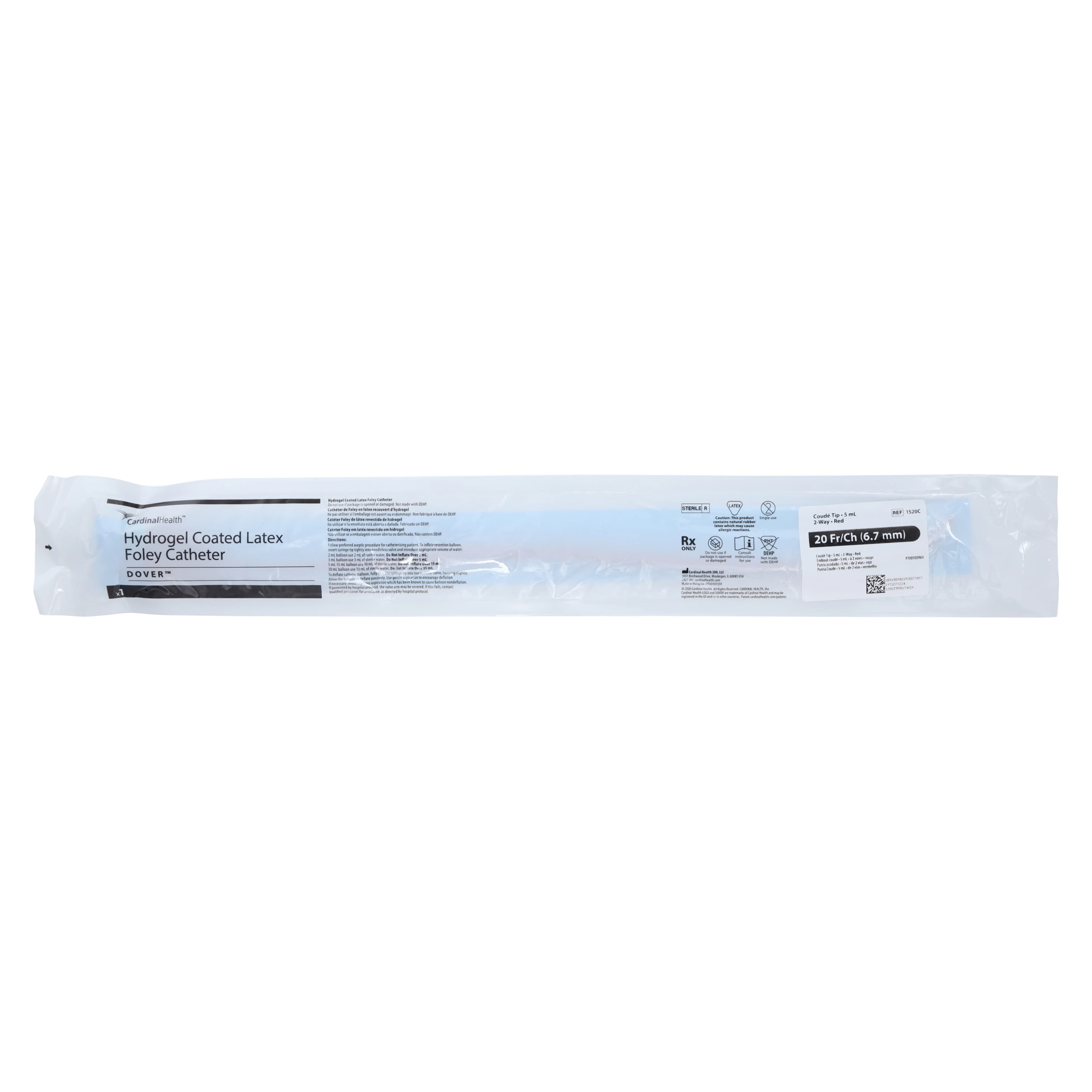 Dover 2-Way Foley Catheter, Coude Tip, PTFE, 20 Fr, 5 cc Balloon - Cath Foley Coude 20fr 5cc - Image 1