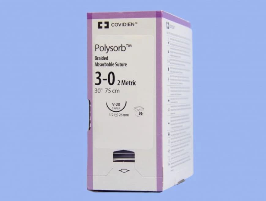 Medtronic Polysorb Absorbable Suture, 3-0, 30", V-20 Taper Point 1/2 Circle Needle 26mm, Violet, 36/Case - Suture Polysorb Violet V-20 - Image 1