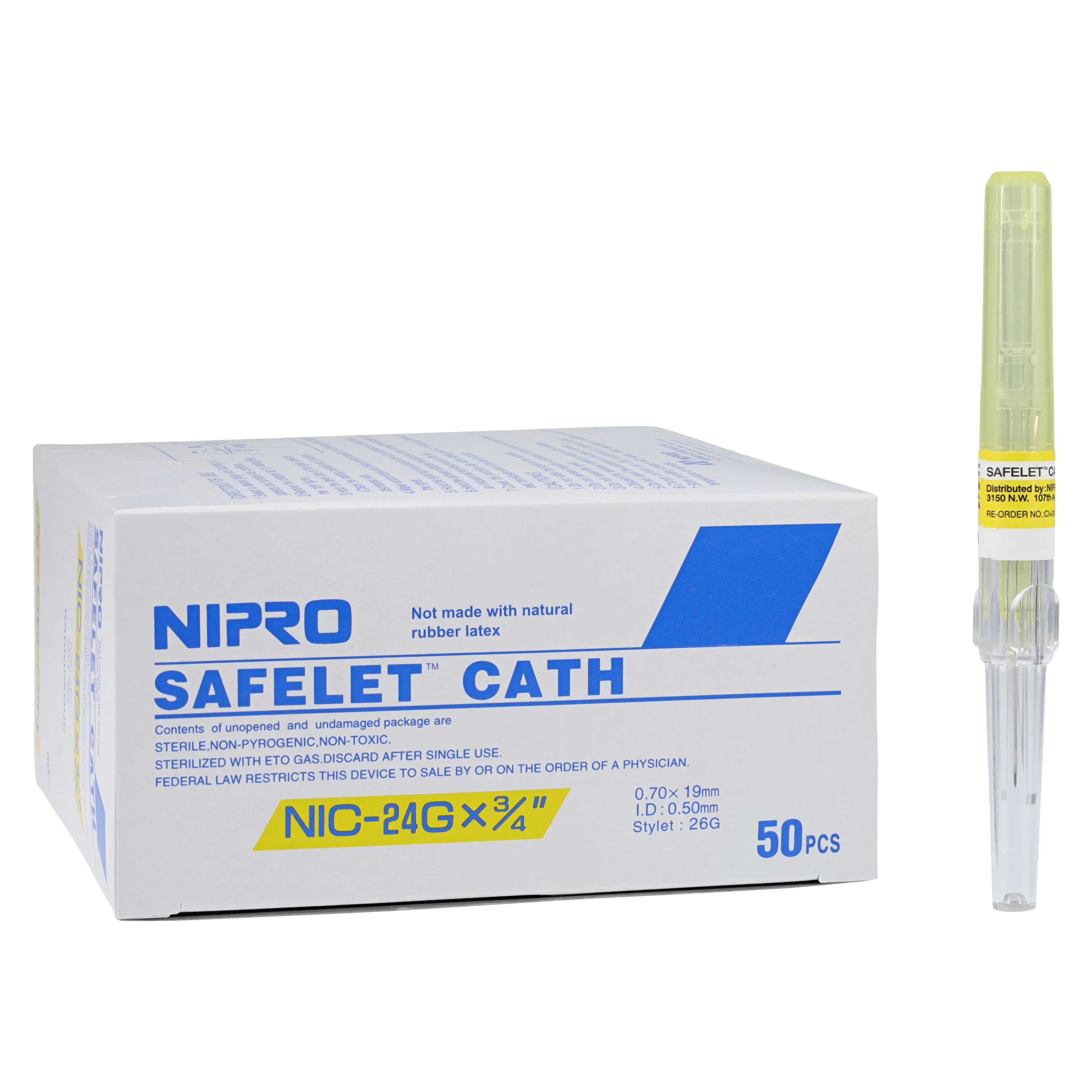 Nipro Safelet IV Catheter, 24 Gauge, 3/4", Luer Tapered End, Teflon, Sterile, Yellow, Safety, 50/Box - Safelet IV Cath - Image 1
