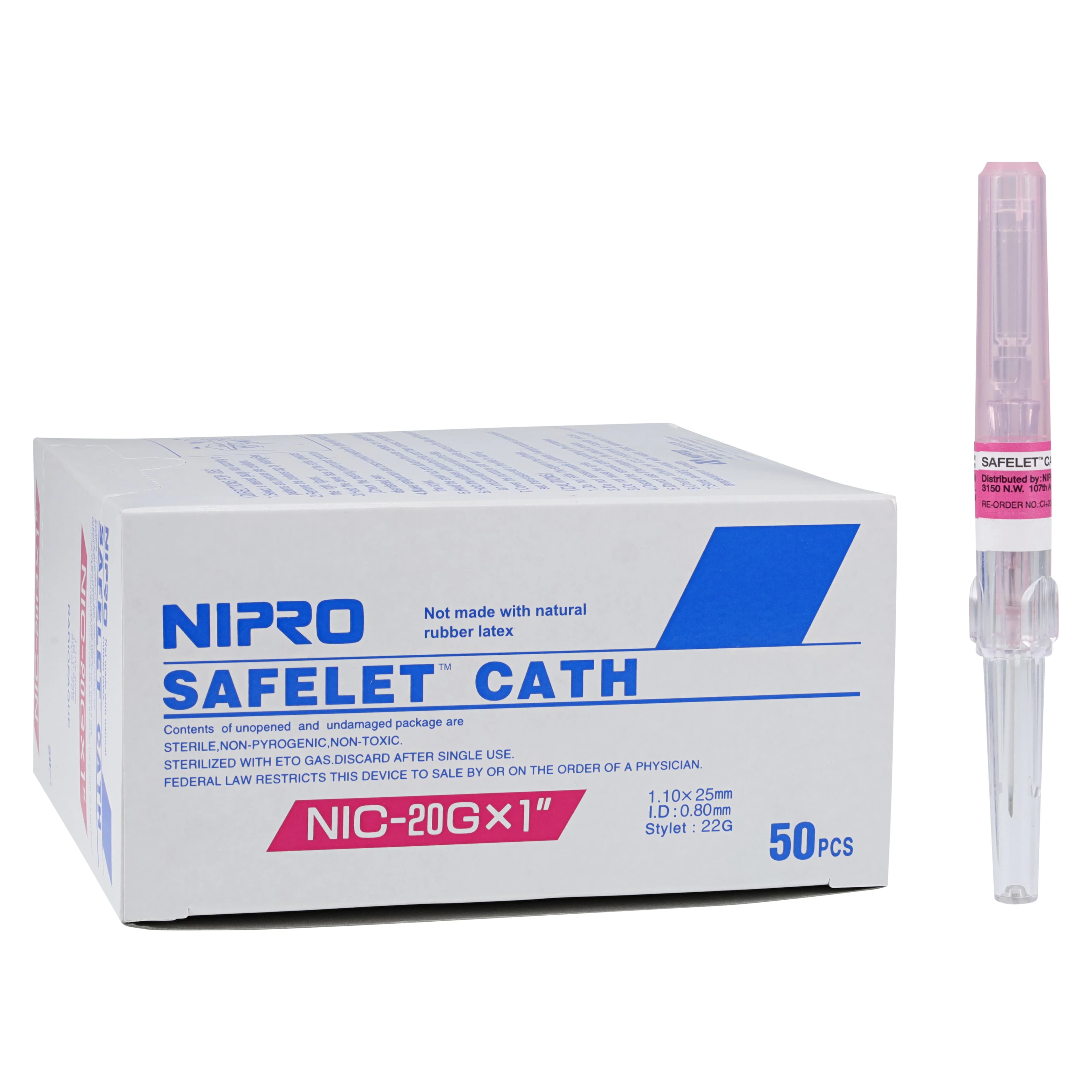 Nipro Safelet IV Catheter, 20 Gauge, 1" Luer Tapered End, Pink, Sterile, Safety, 50/Box thumbnail 2