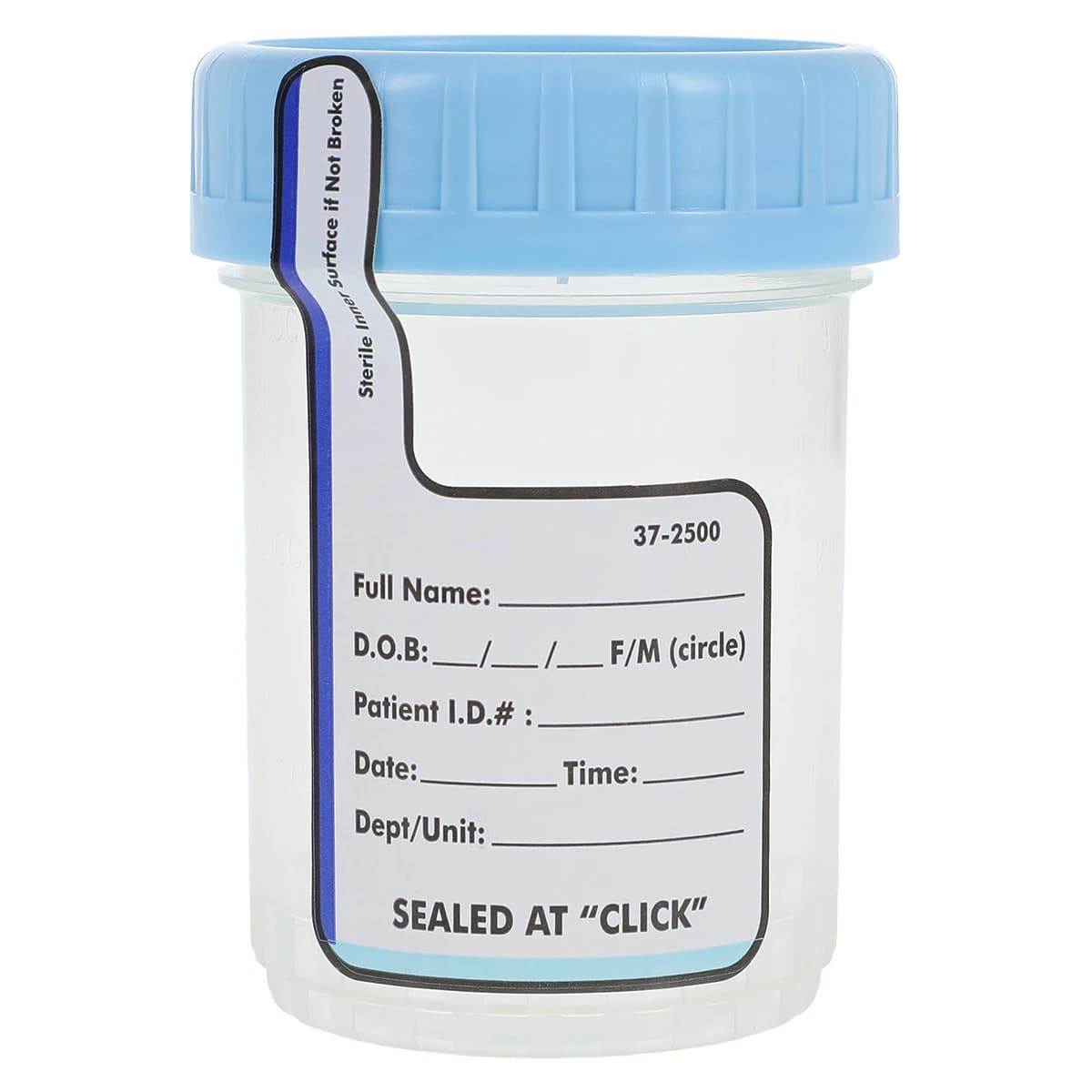 Medegen ClikSeal Sterile Specimen Container, 90mL, Attached Screw Cap, Blue, 400/Case - ClikSeal Cup Sterile - Image 1