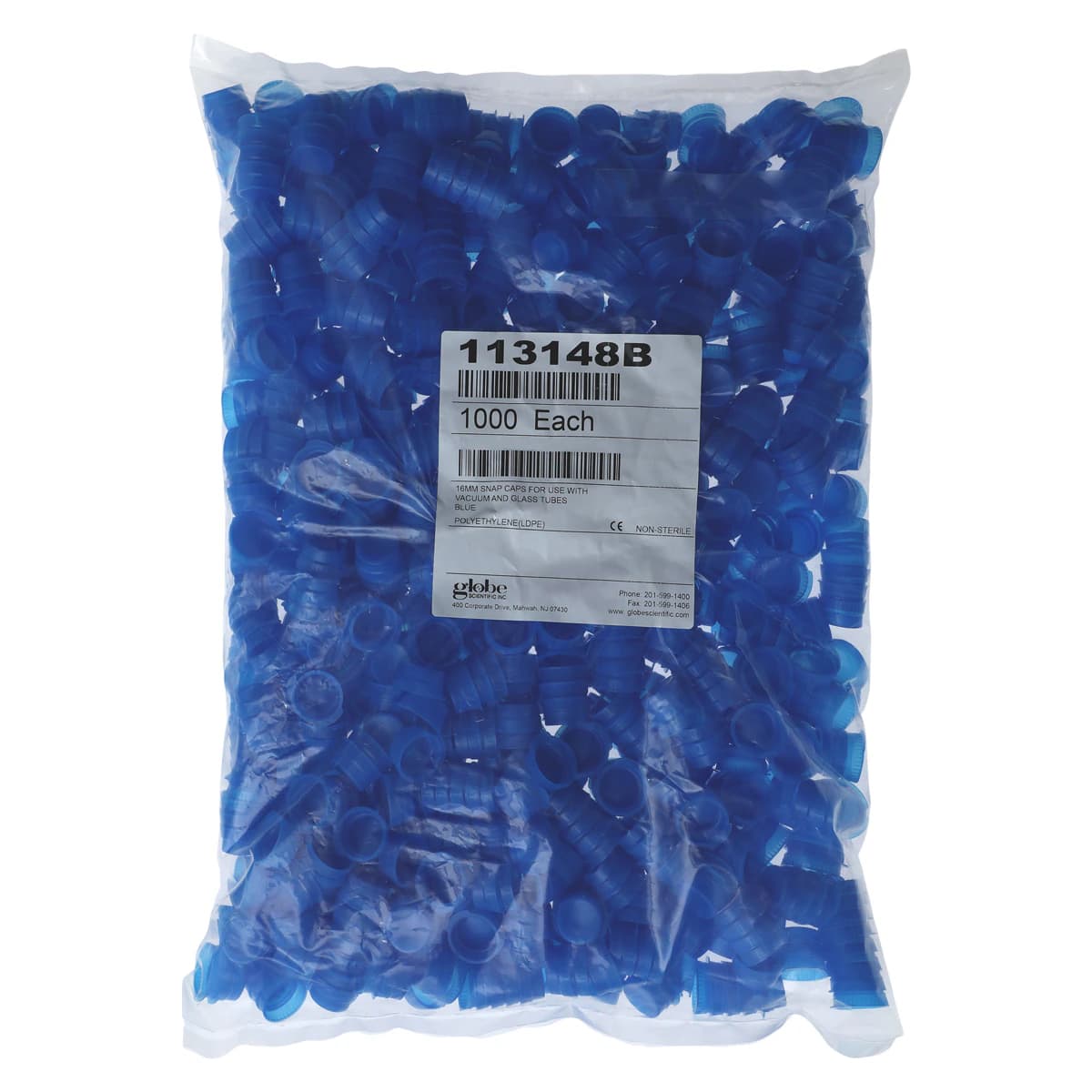Globe Scientific Snap Cap Polyethylene for 16mm Glass/Evacuated Tubes, Blue, 1000/Bag thumbnail 3