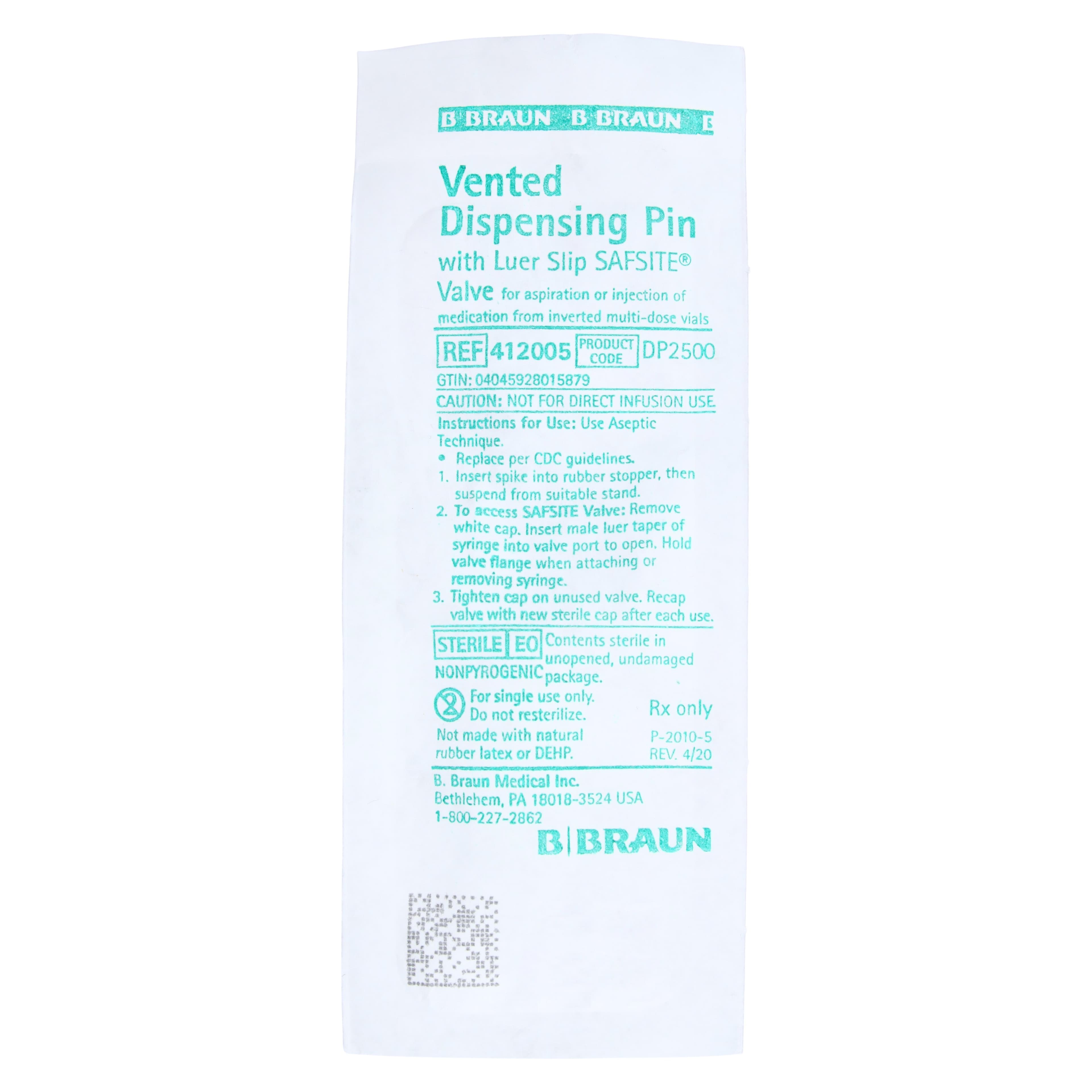 B. Braun Dispensing Pin with SafSite Valve, Bacterial Retentive Air Venting Filter, Luer Slip, Sterile, 50/Case - Dispensing Pin w/Safsite Valve - Image 1