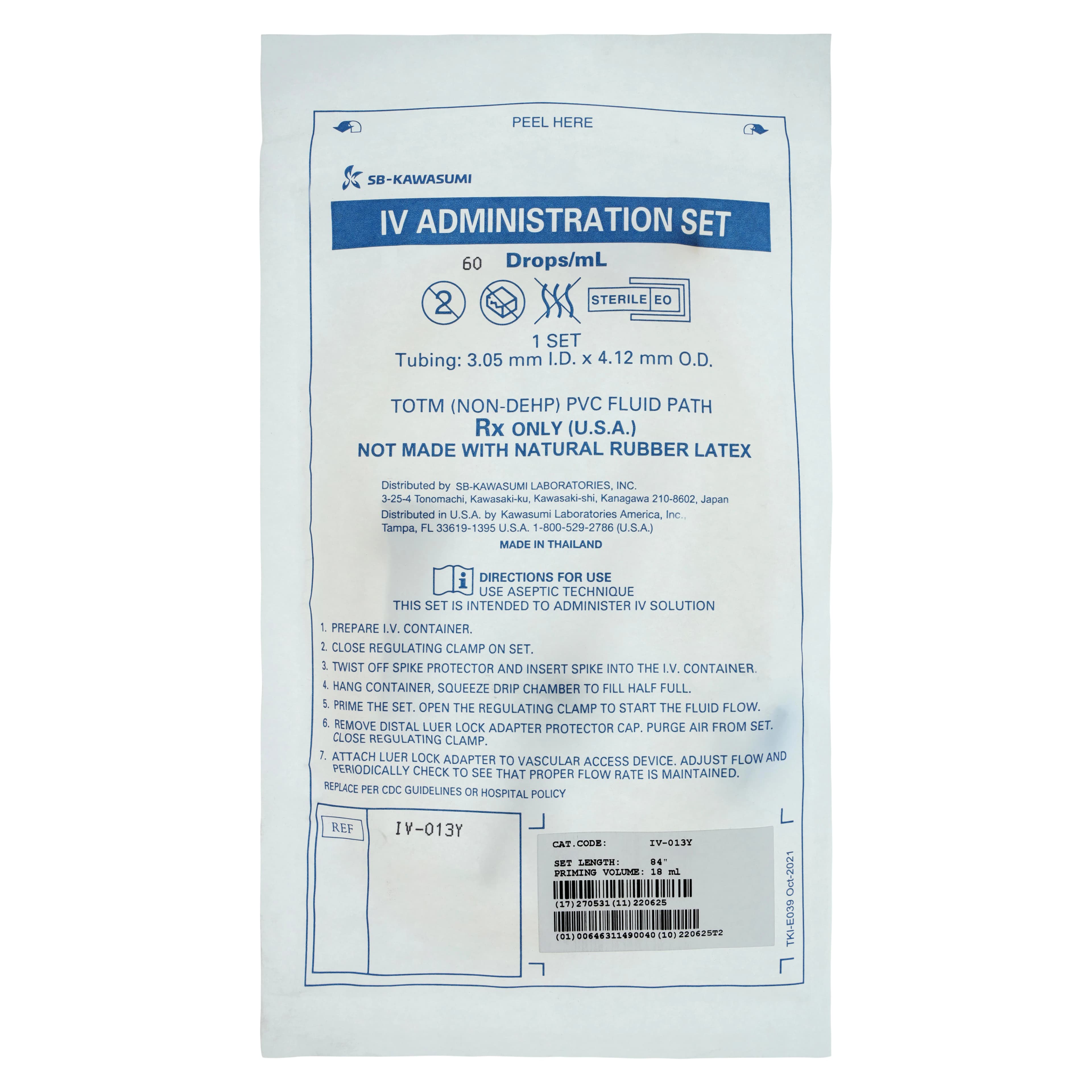 Kawasumi IV Administration Set with Y-Site, 60 Drops/mL, Priming Volume 18 mL, 84" Primary Infusion, Non-DEHP, Sterile, Each - IV Administration Set W/Y Site - Image 1