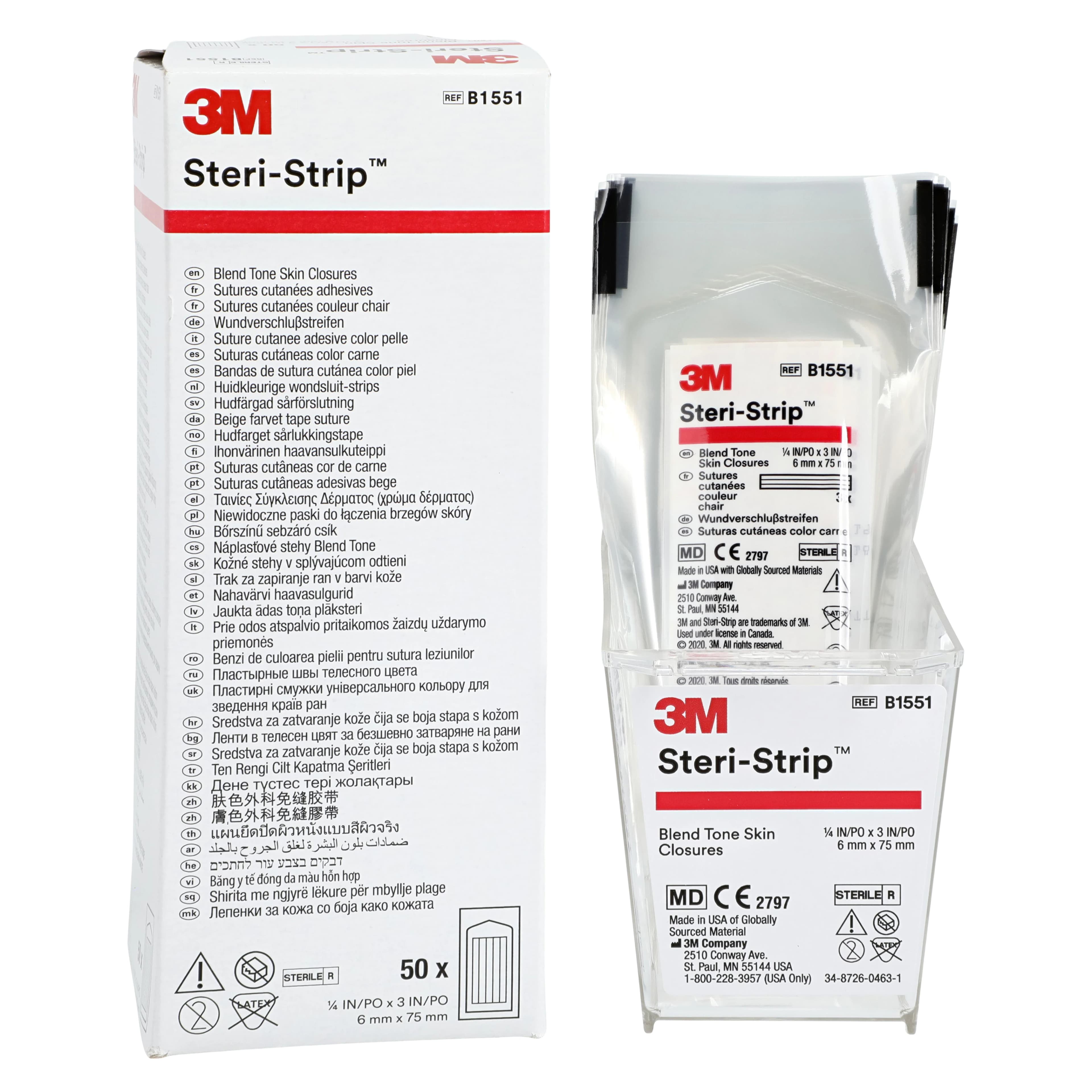 3M Steri-Strip Adhesive Skin Closures, Blend Tone, 1/4" x 3", Sterile, 50/Box, B1551 thumbnail 2