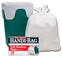 Berry Global Handi-Bag 13 Gallon Trash Bag, 23.75 x 28 in, Low Density, 0.6 mil, White, Flap Tie, 100/Box - Berry Global Handi-Bag 13 Gallon Trash Bag 23.75 x 28 Low Density 0.6 mil White - Image 1