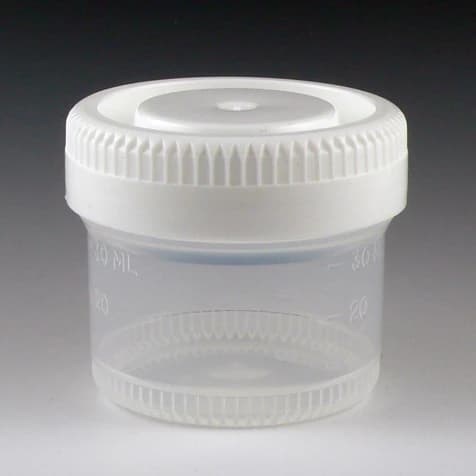 Globe Scientific Tite-Rite Specimen Container, 60mL, Polypropylene, Non-Sterile, Clear with White Screw Cap, 48mm Opening, 500/Case - Container w/ Lid - Image 1