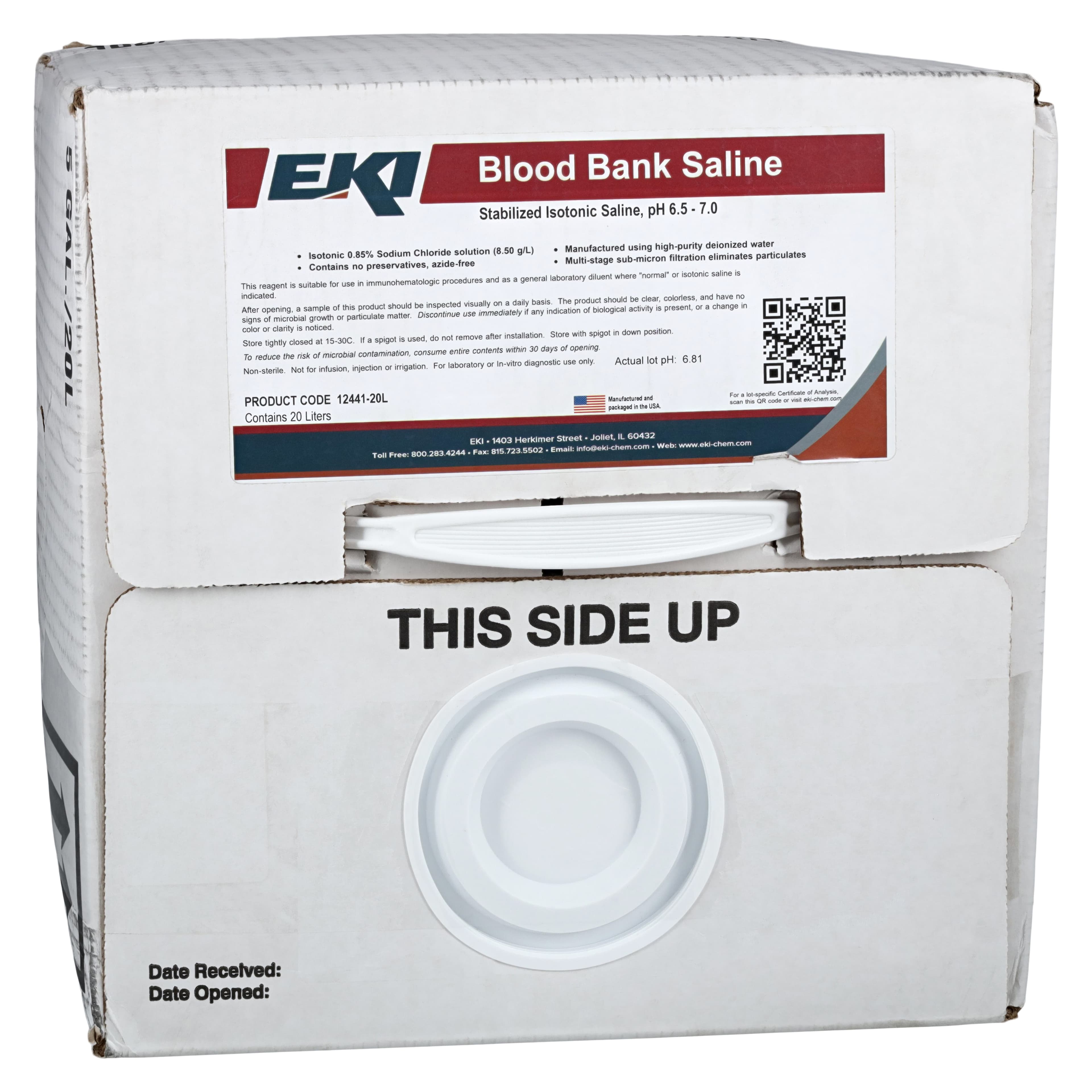 Ek Industries Saline 0.85% Sodium Chloride Testing Solution, Sterile, 5 Gallon Cubitainer - Saline 0.85% w/o Preservatives - Image 1