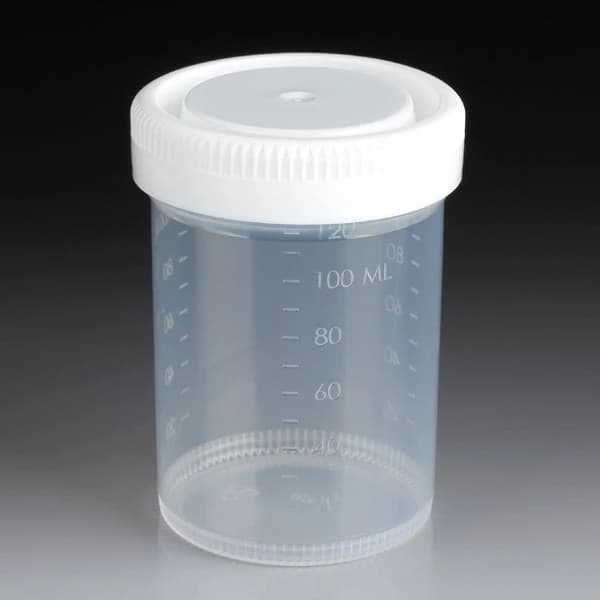 Globe Scientific Tite-Rite Specimen Container, 120mL, Polypropylene, Non-Sterile, Molded Graduations, Separate Screw Cap, Clear/White, 53mm Opening, 300/Case - Grad Container W/ Lid - Image 1
