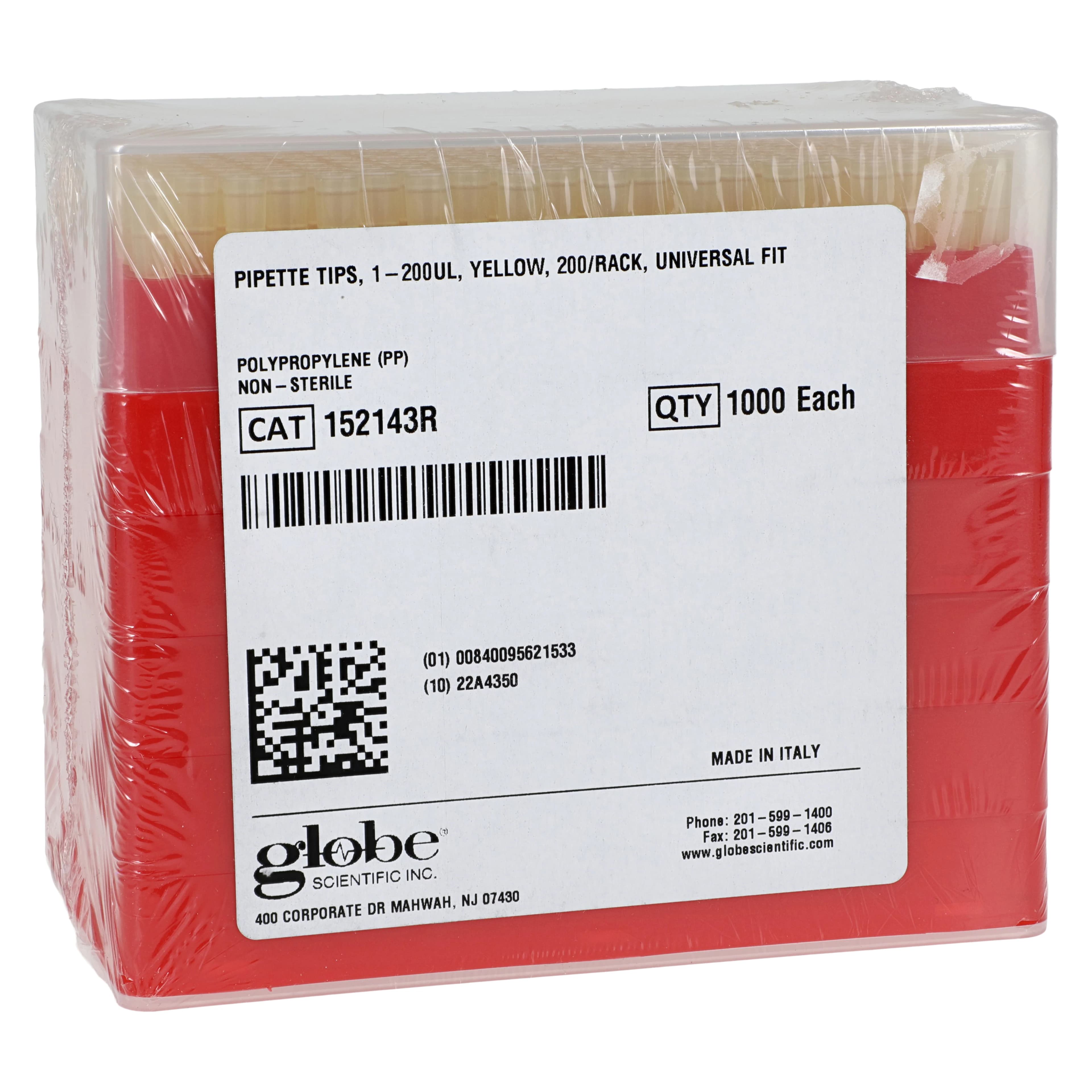 Globe Scientific Pipette Tips, 1-200 µL, Non-Graduated, Universal, Non-Sterile, Disposable, Racked, Yellow, 1000/Box - Eppendorf Pipette Tips Racked - Image 1