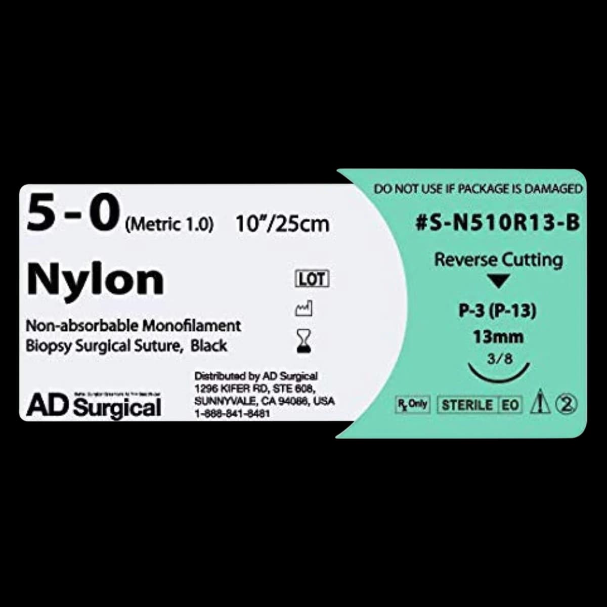 Unify Suture Nylon Monofilament 5-0 10" Non-Absorbable, P-3 Reverse Cutting 3/8 Circle Needle 13mm, Black, 12/Box thumbnail 2