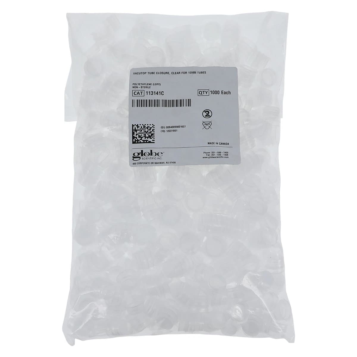 Globe Scientific Snap Cap for 16mm Test Tubes, Polyethylene, Clear, 1000/Bag thumbnail 4