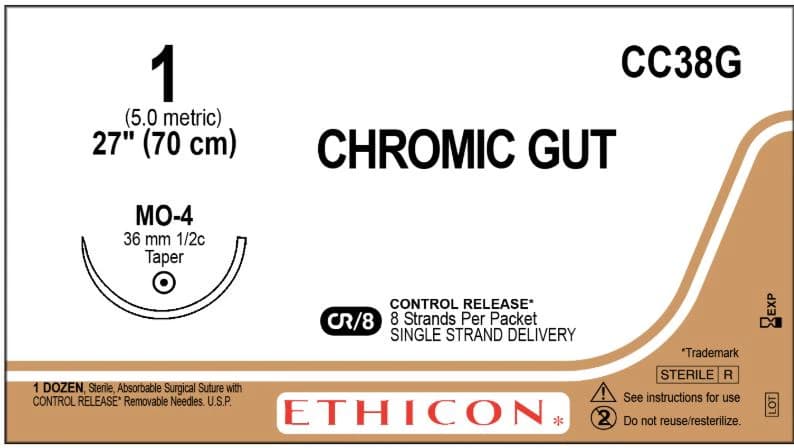 Ethicon Chromic Gut Surgical Suture, Size 1, 27" with MO-4 1/2 Circle Taper Point Needle, Undyed, 12/Box, CC38G - ETHICON SURGICAL GUT SUTURE - CHROMIC CC38G - Image 1