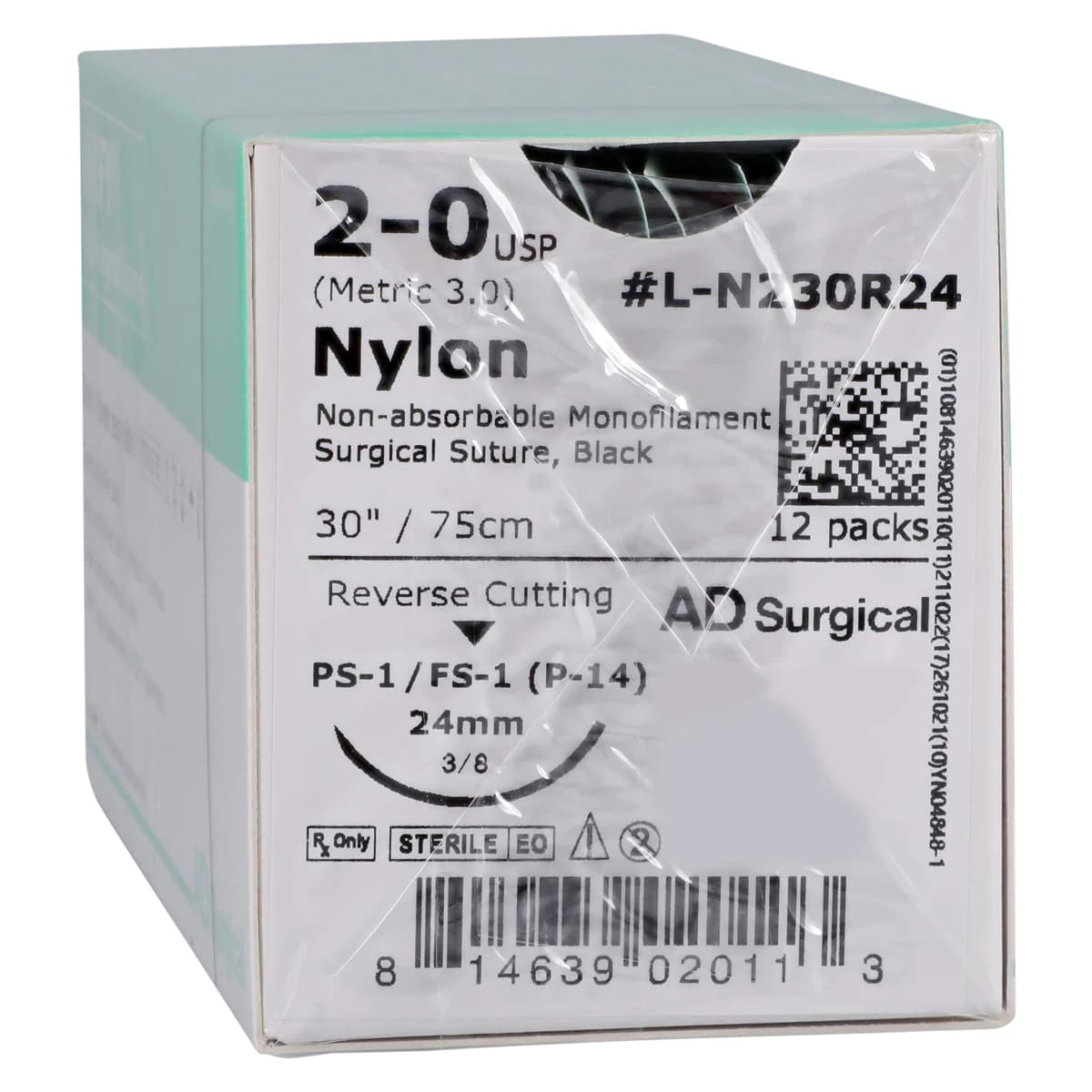 Unify Nylon Monofilament Suture, 2-0, 30", FS-1 Reverse Cutting 3/8 Circle Needle 24mm, Black, Non-Absorbable, 12/Box - Suture Nylon Black FS-1 Unify - Image 1