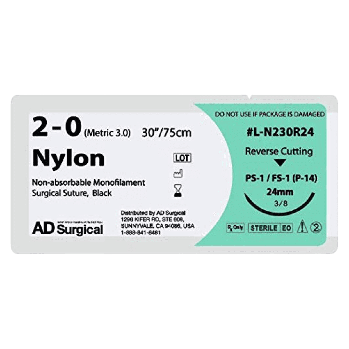 Unify Nylon Monofilament Suture, 2-0, 30", FS-1 Reverse Cutting 3/8 Circle Needle 24mm, Black, Non-Absorbable, 12/Box thumbnail 2