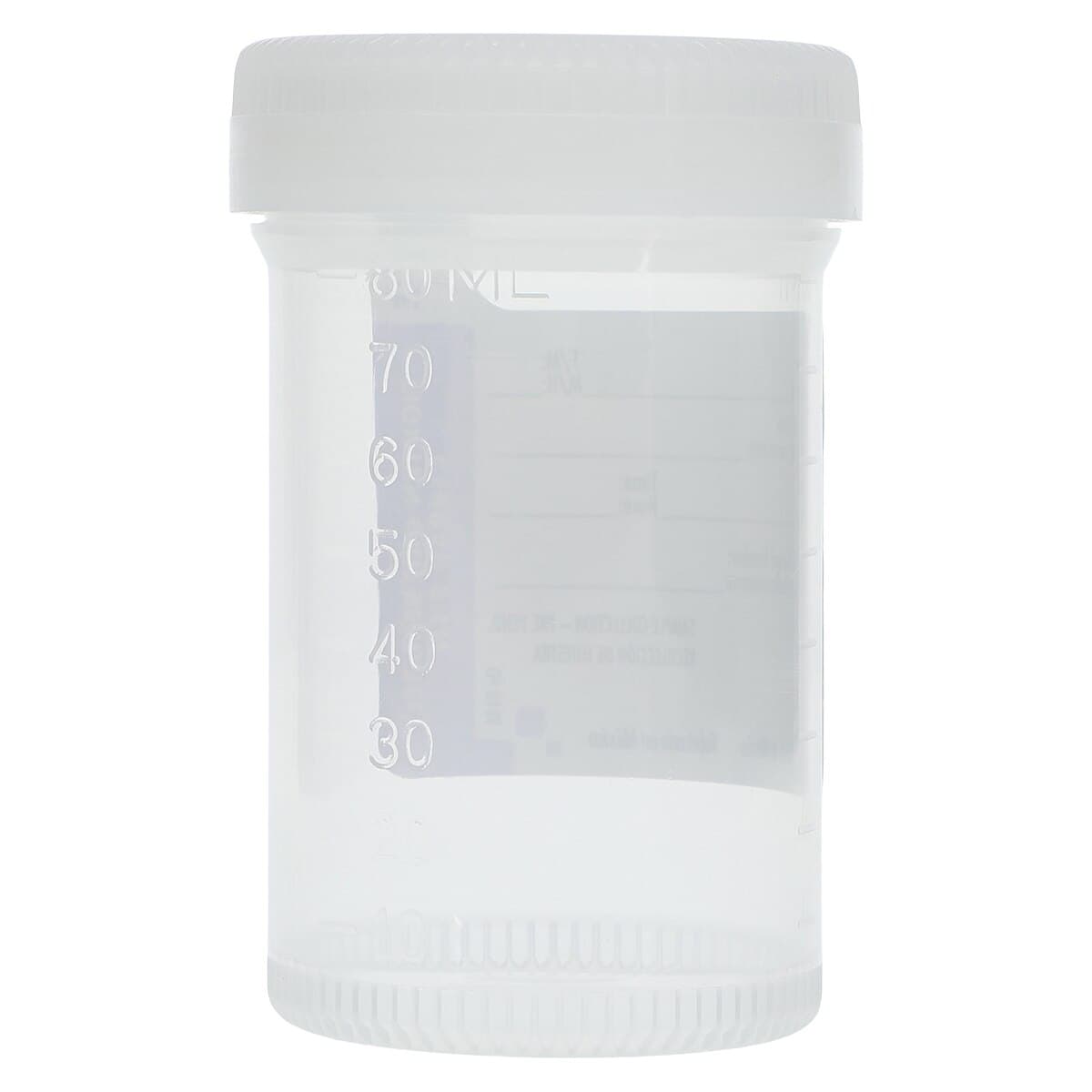 Tite-Rite Urine Collection Container, 90mL, Polypropylene, Sterile, with ID Label and Molded Graduations, White Screw Cap, Clear, 400/Case thumbnail 2