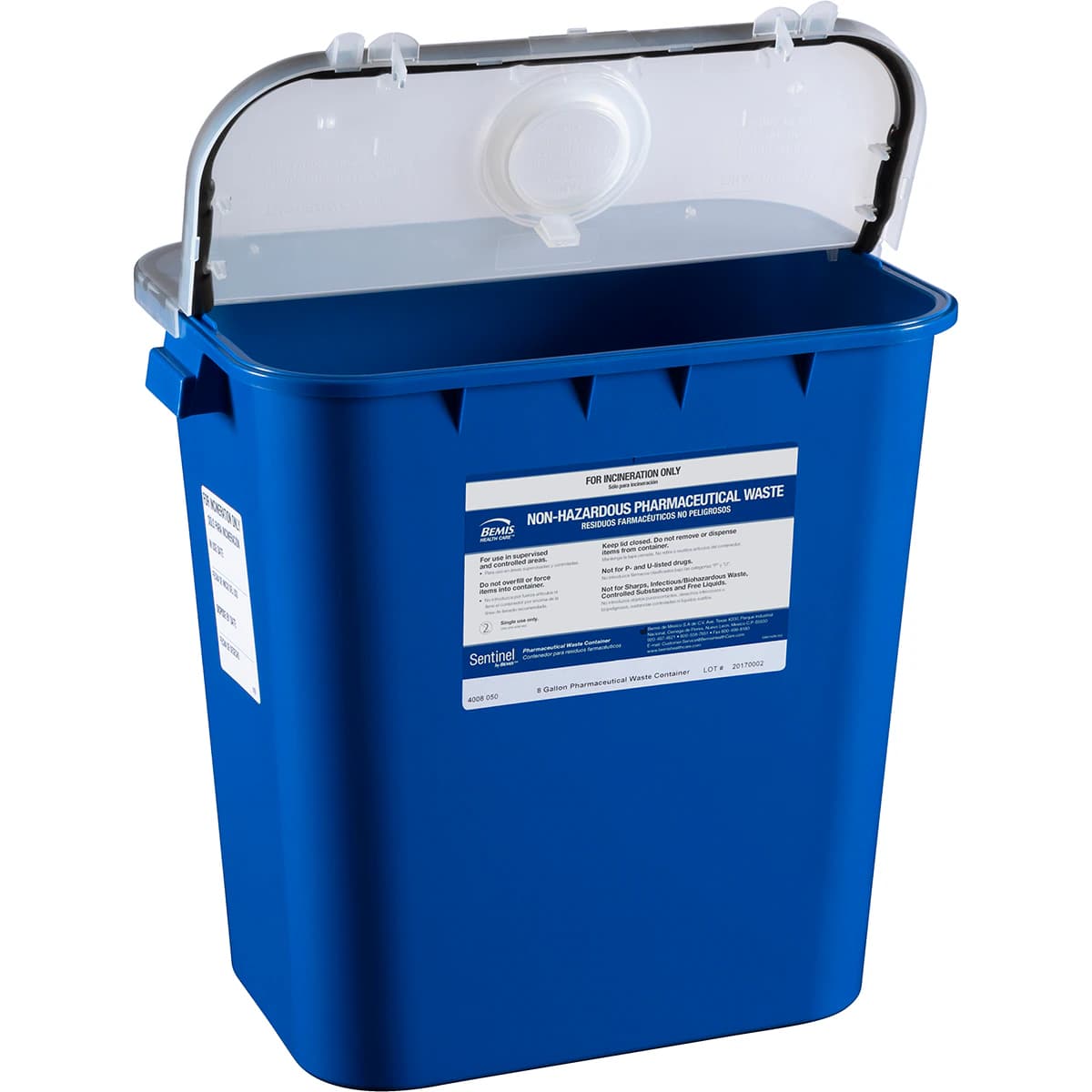 Sentinel Sharps Container, 8 Gallon, White, 16-1/2" x 11-13/16" x 15-7/8", Polypropylene, Molded-In Handles, Vertical Entry, Hinge Lid with Gasket, Separate Round Opening Lid, 10/Case - Sharps Container Pharma - Image 1