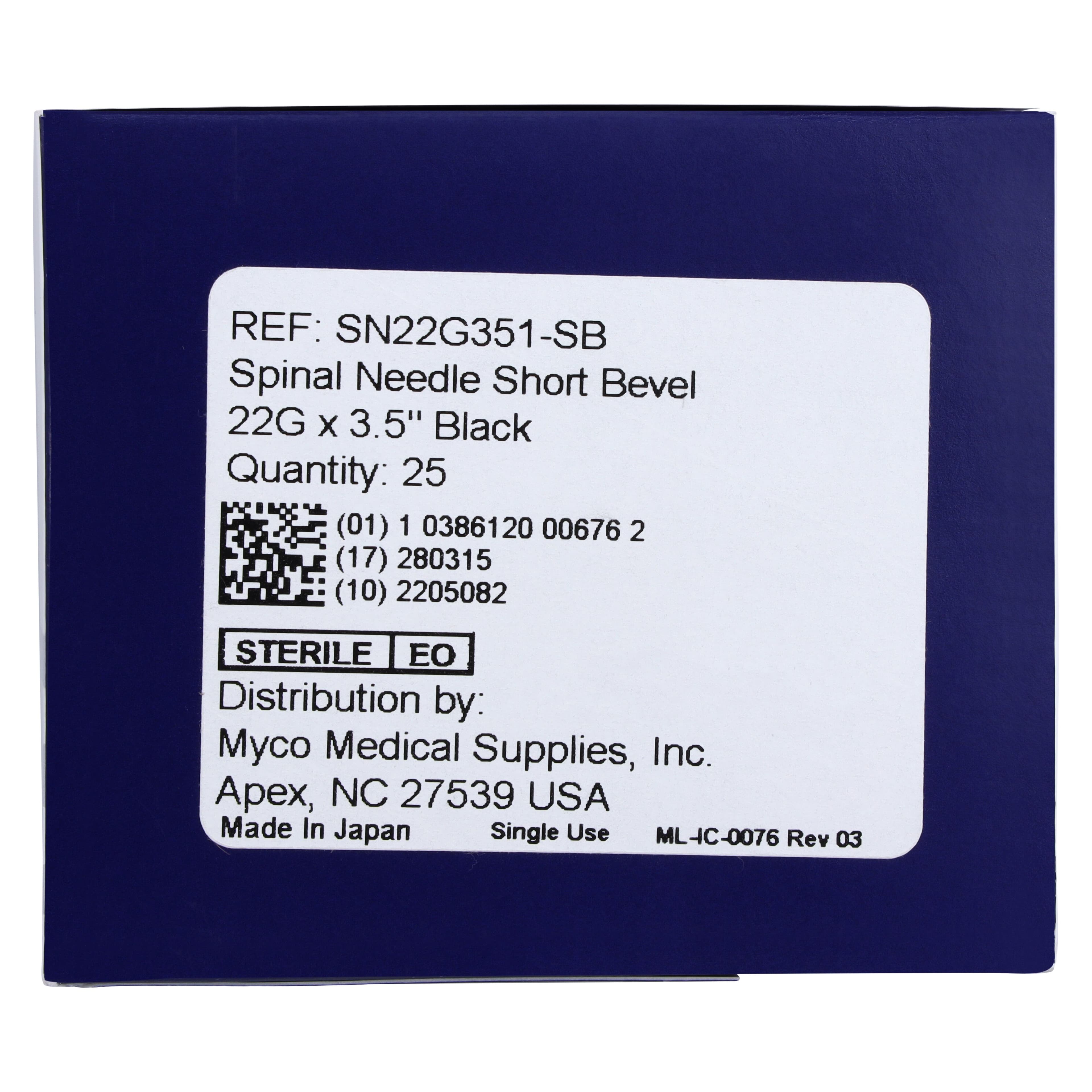 Myco Medical Spinal Needle, 22G x 3.5", Quincke Short Bevel, Sterile, 25/Bx thumbnail 4