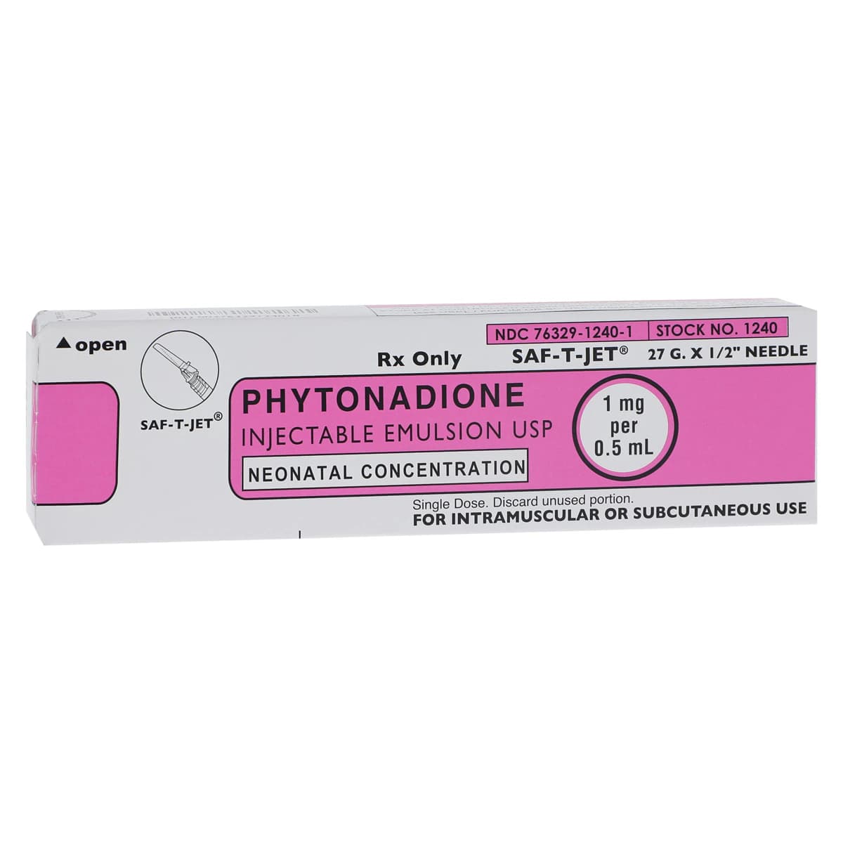 Phytonadione (Vitamin K) Injection 1mg/0.5mL Saf-T-Jet Prefilled Syringe, 27G x 0.5" Needle, 0.5mL, 10/Package - Phytonadione Syringe 27Gx0.5" - Image 1