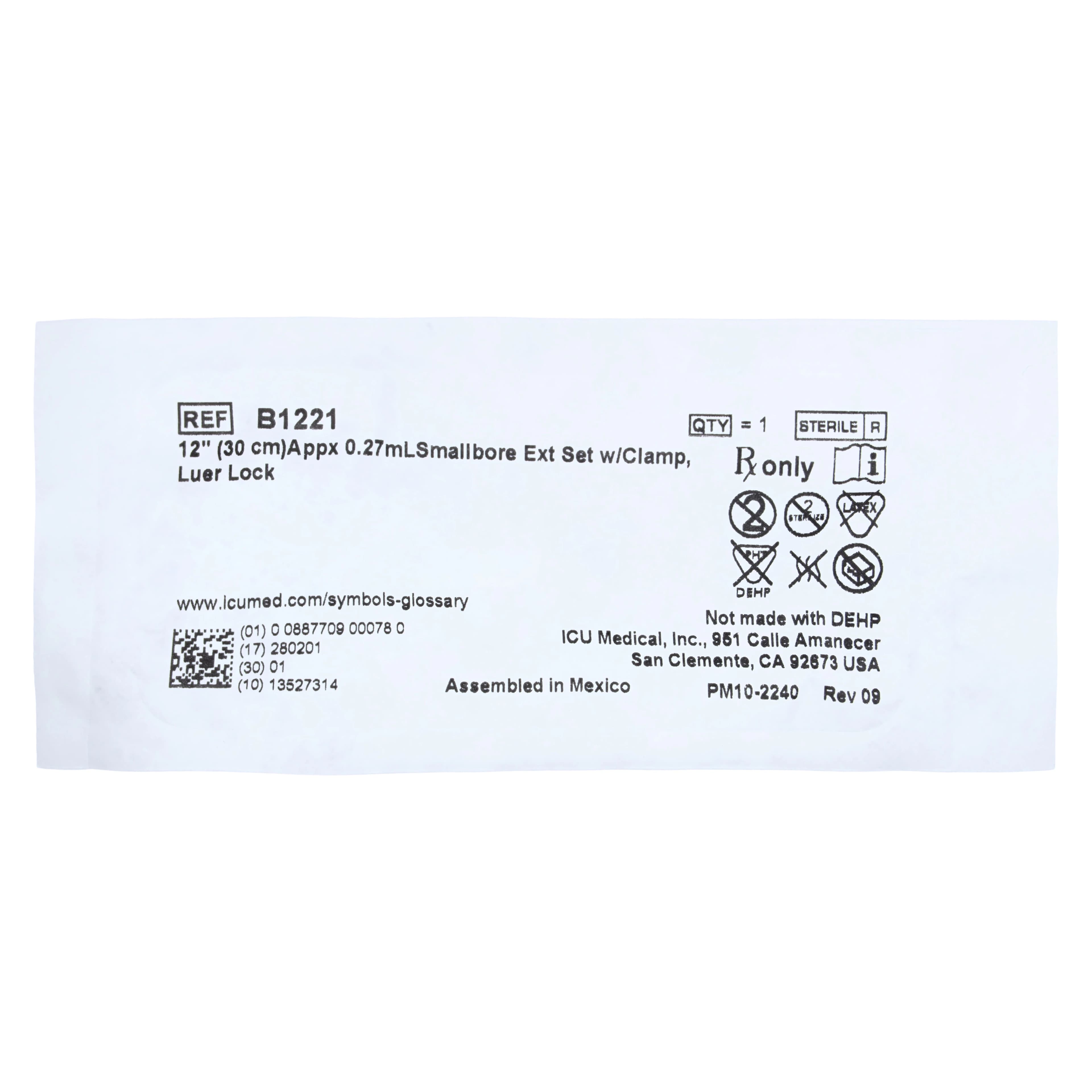 ICU Medical IV Extension Set, 12" Luer Lock, Small Bore with Clamp, 50/Case - Extension Set LL Sm Bore Clamp - Image 1