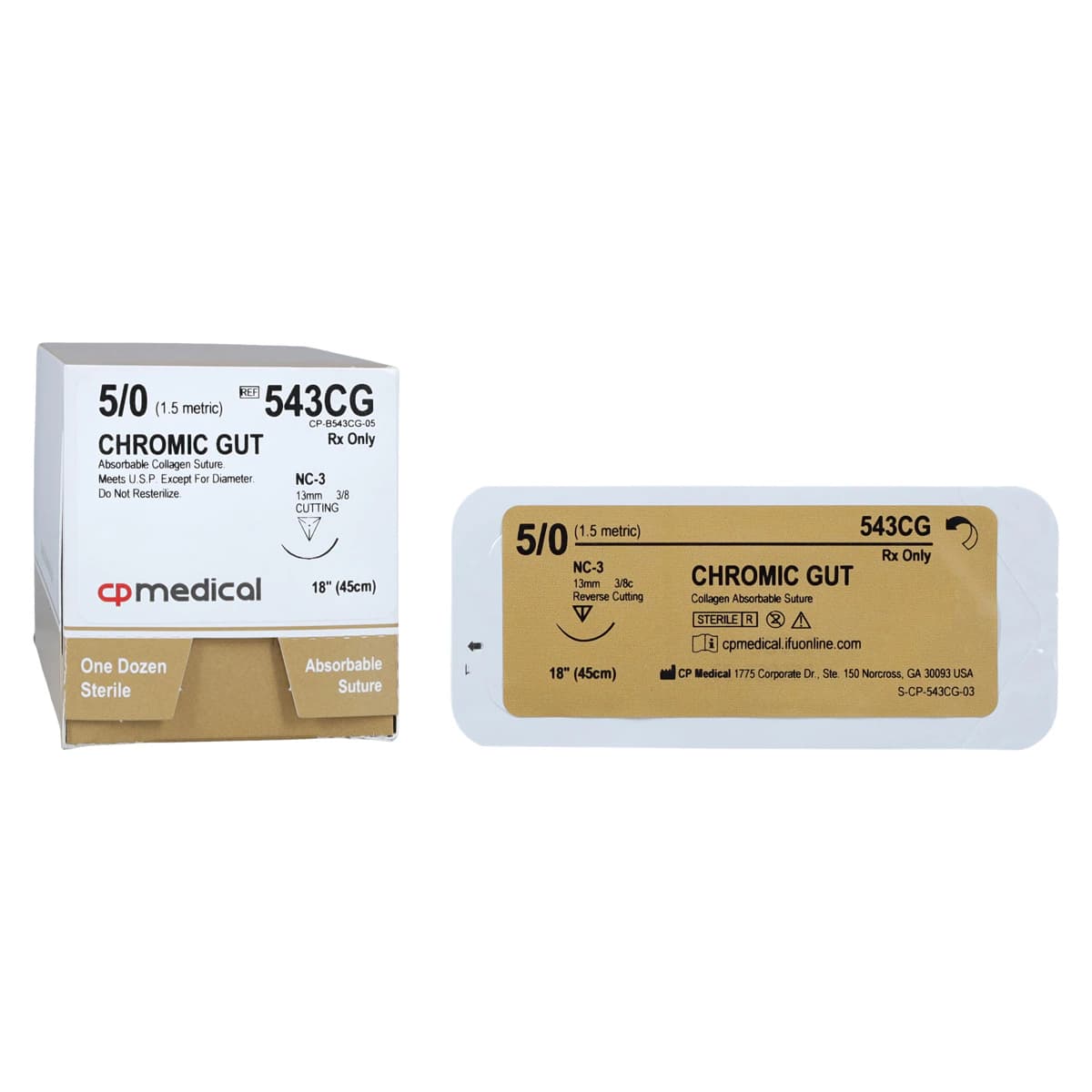 Riverpoint Medical Chromic Gut Suture, 5-0, 18", Monofilament, Absorbable, NC-3 Reverse Cutting 3/8 Circle Needle 13mm, Undyed, 12/Box thumbnail 2