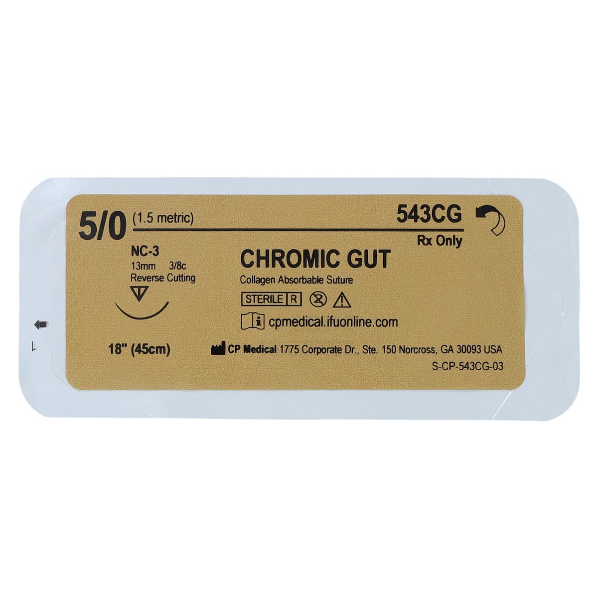 Riverpoint Medical Chromic Gut Suture, 5-0, 18", Monofilament, Absorbable, NC-3 Reverse Cutting 3/8 Circle Needle 13mm, Undyed, 12/Box thumbnail 3