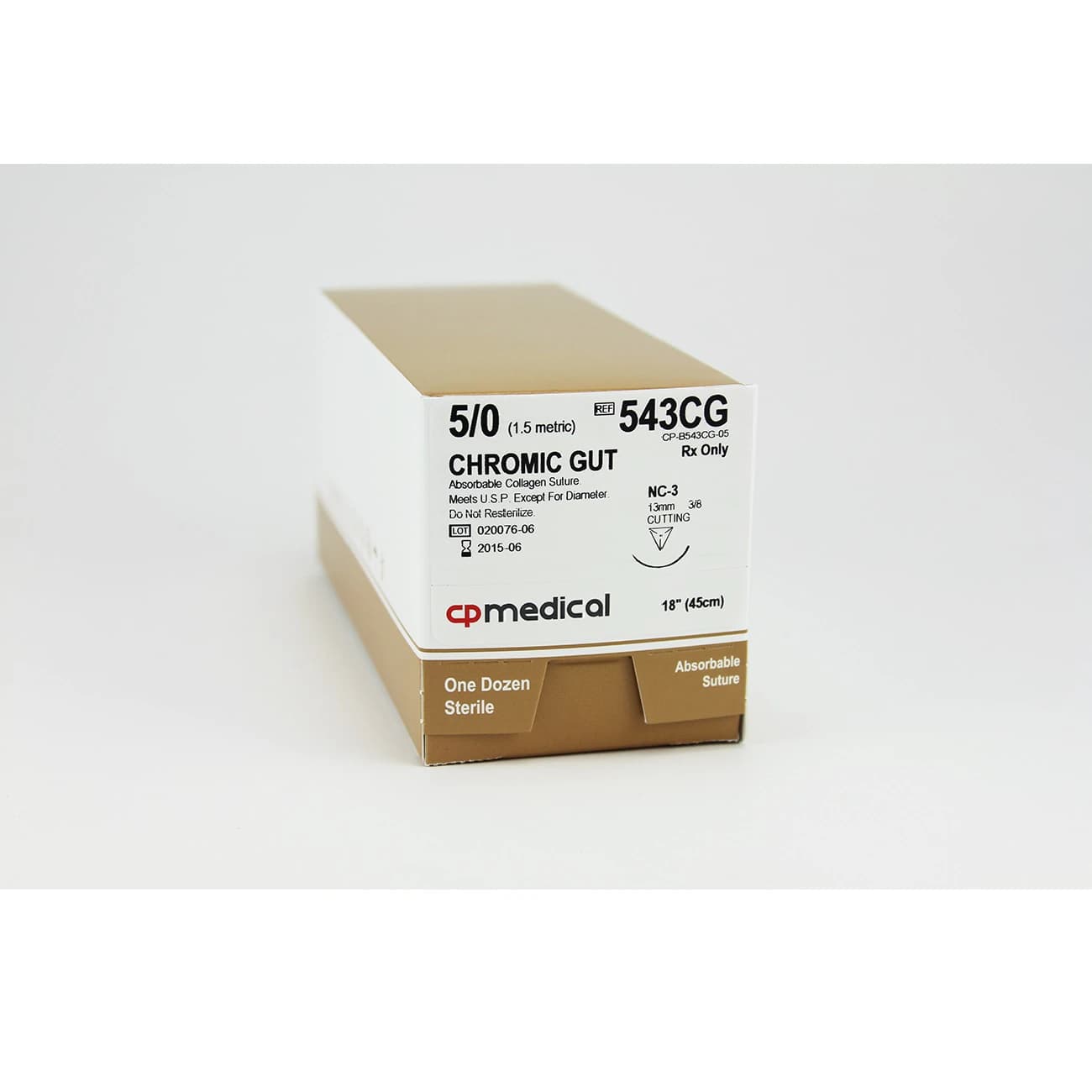 Riverpoint Medical Chromic Gut Suture, 5-0, 18", Monofilament, Absorbable, NC-3 Reverse Cutting 3/8 Circle Needle 13mm, Undyed, 12/Box - Suture Chromic Gut Brown NC-3 - Image 1