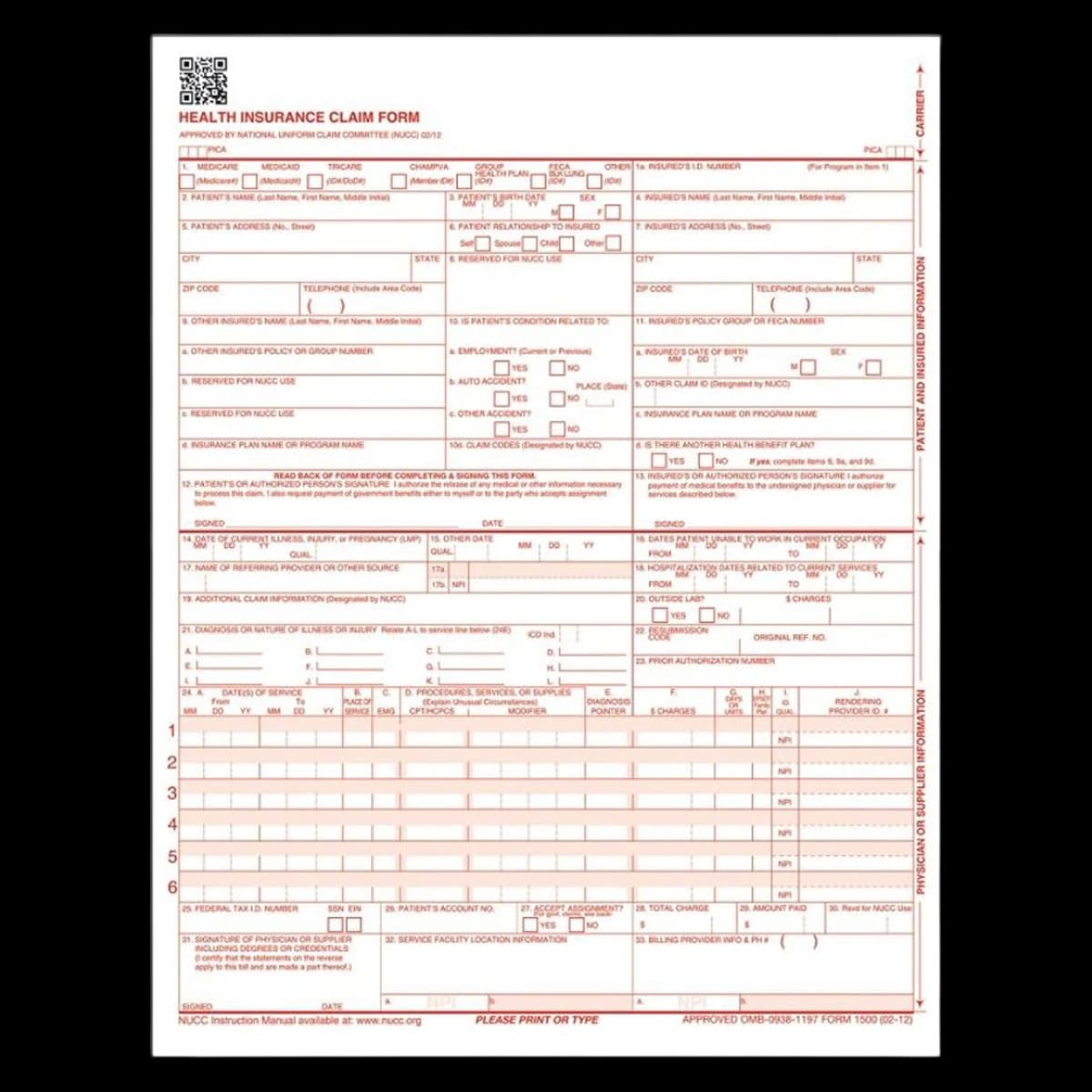 CMS-1500 Health Insurance Claim Form, 2012 New Version, 2500/Box - Form CMS Hlth Insurance Claim - Image 1