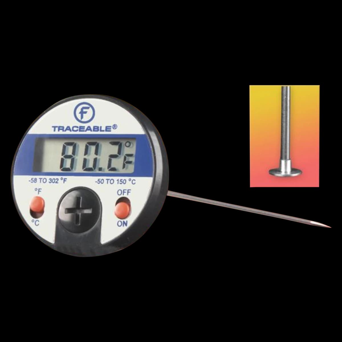Traceable Surface Dial Thermometer, ABS Plastic, -50 to +150°C, 165mm Stainless Steel Probe, Dual Scale, Each - Thermometer Surface Dial - Image 1