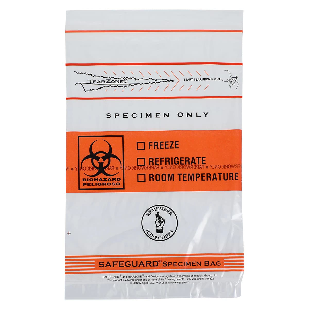 Lab Guard Specimen Transport Bag, Clear, Reclosable Closure, 6x9", 1000/Case - Bag Specimen Clear Tear Zone - Image 1