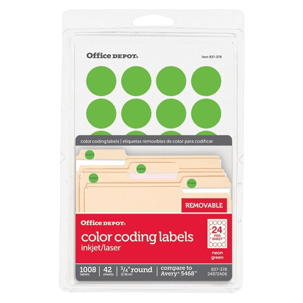 Office Depot Removable Color-Coding Labels, Round, 3/4" Diameter, Green Neon, 1008/Pack - Label Clr-Code Remove Rnd 3/4" - Image 1