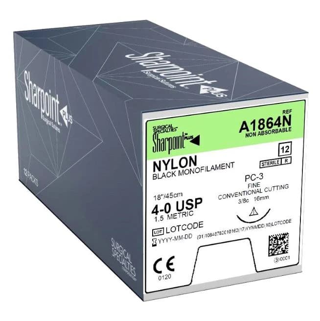 Surgical Specialties Nylon Monofilament Suture, 4-0, 18" (45cm), Conventional Cutting 3/8 Circle Needle 16mm, Black, 12/Box, DSCM-16 - Suture Mono Nylon DSCM-16 Blk - Image 1