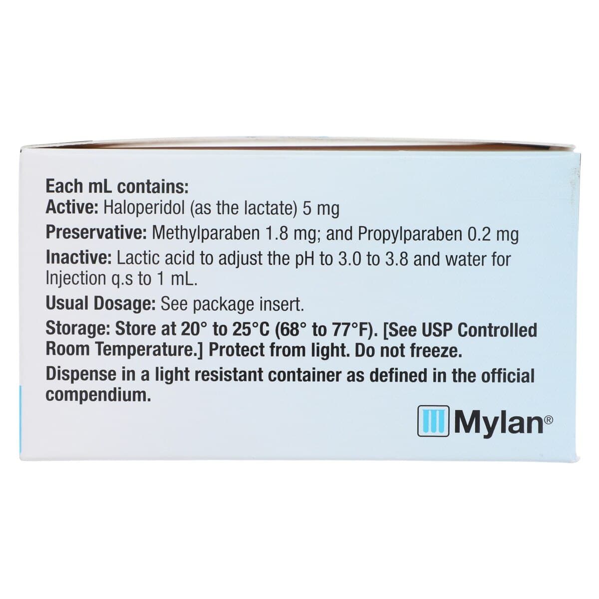 Haloperidol Lactate Injection, 5 mg/mL, 1 mL Single-Dose Vial, 25/Package, Mylan thumbnail 8