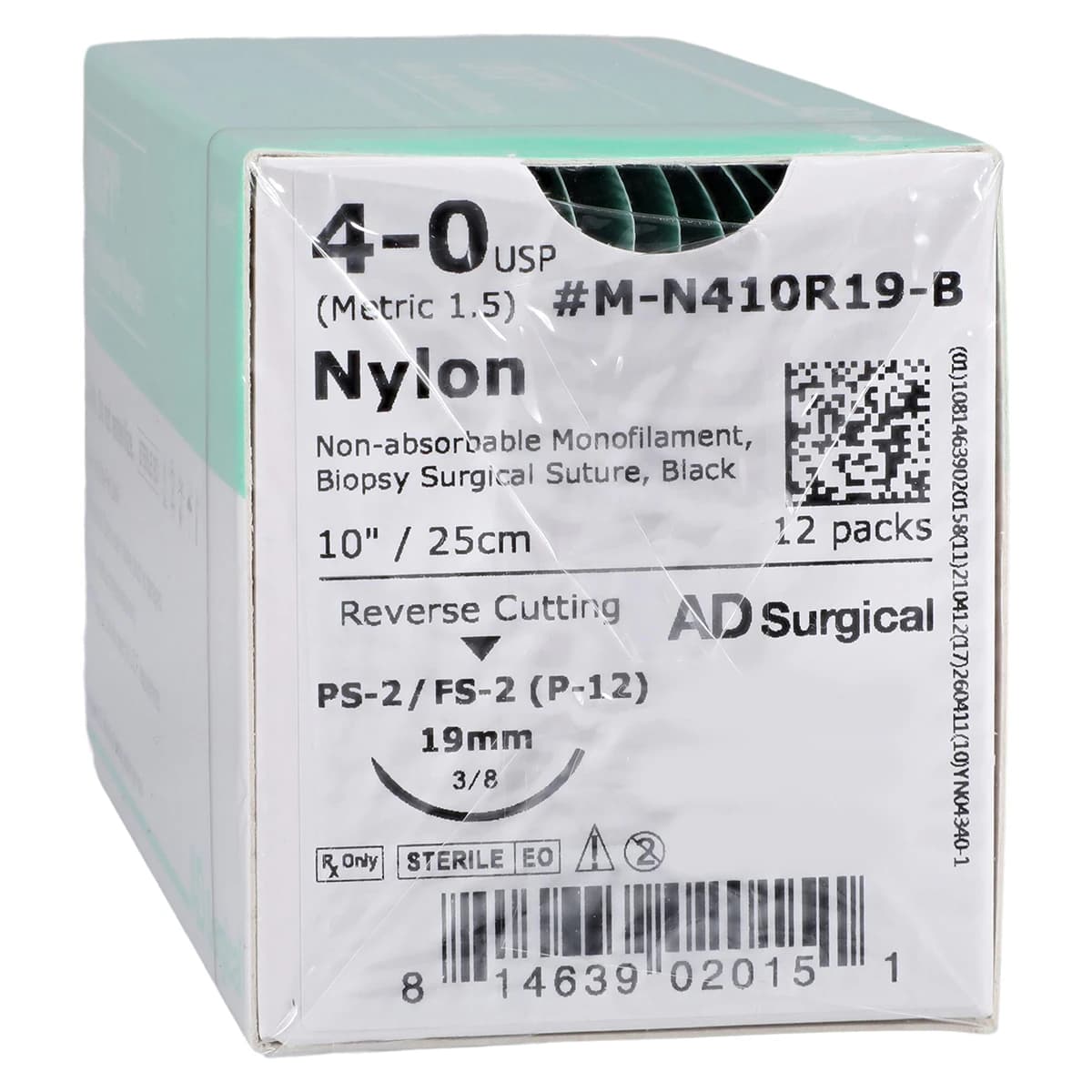Unify Nylon Monofilament Suture, 4-0, 10", FS-2 Reverse Cutting 3/8 Circle Needle 19mm, Black, 12/Box thumbnail 2