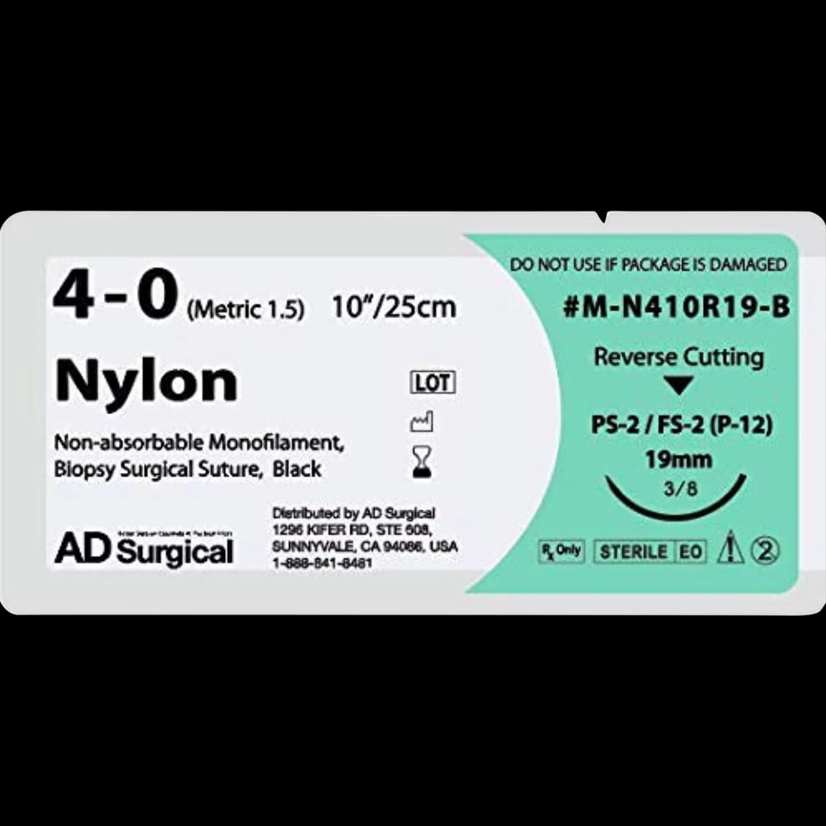 Unify Nylon Monofilament Suture, 4-0, 10", FS-2 Reverse Cutting 3/8 Circle Needle 19mm, Black, 12/Box - Suture Nyl Biop Unify FS2 Blk - Image 1
