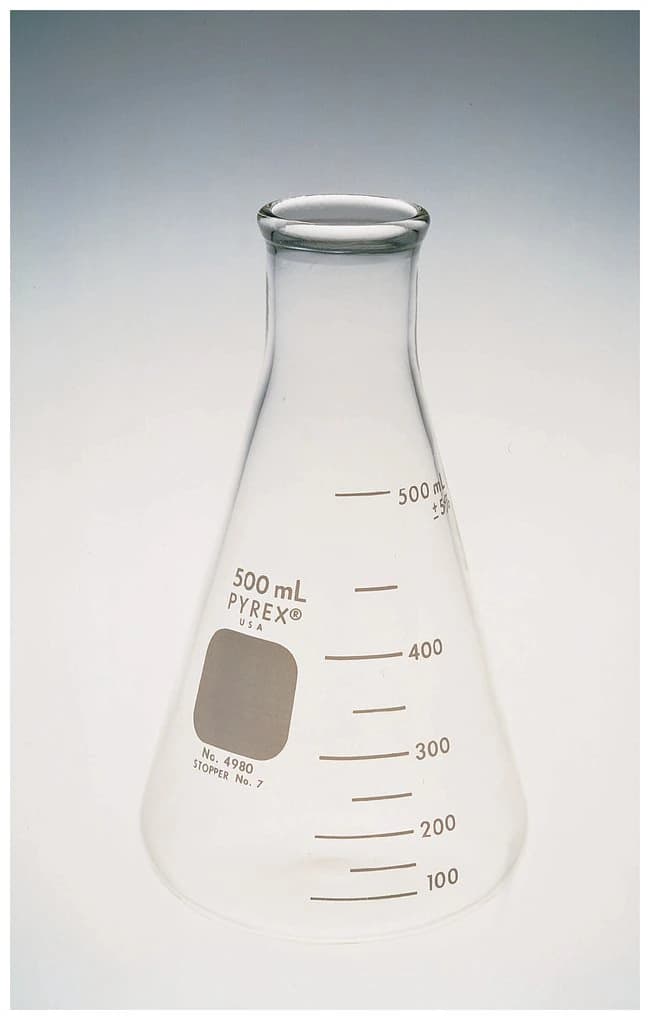Pyrex Erlenmeyer Flask, Borosilicate Glass, 500mL, Narrow Mouth, Graduated, 6/Pk - Flask Erlenmeyer Pyrex - Image 1