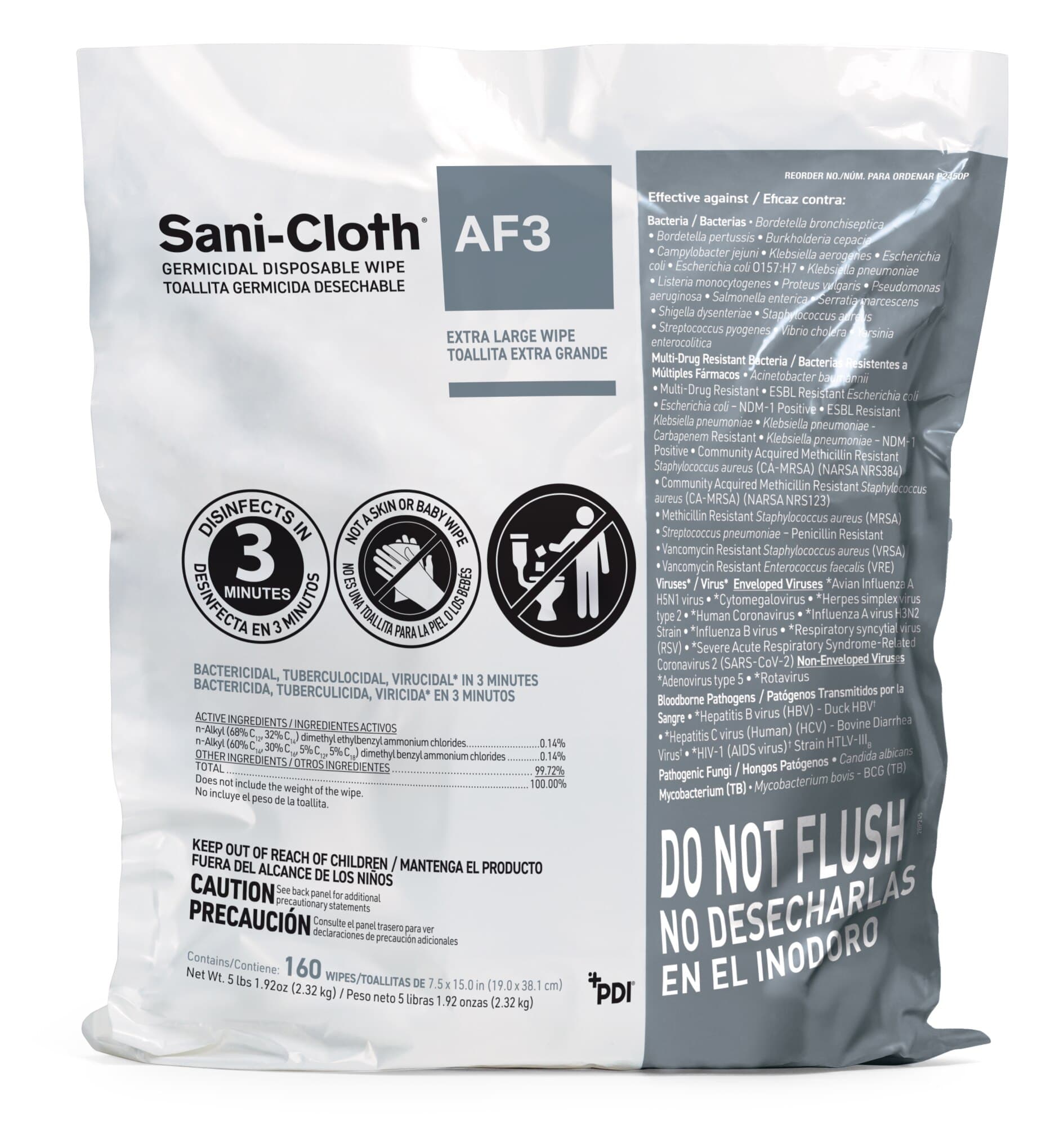 PDI Sani-Cloth AF3 Germicidal Disposable Wipes, 7.5" x 15", Alcohol & Fragrance Free, 160 Sheets/Pail, 2/Case, P2450P thumbnail 2