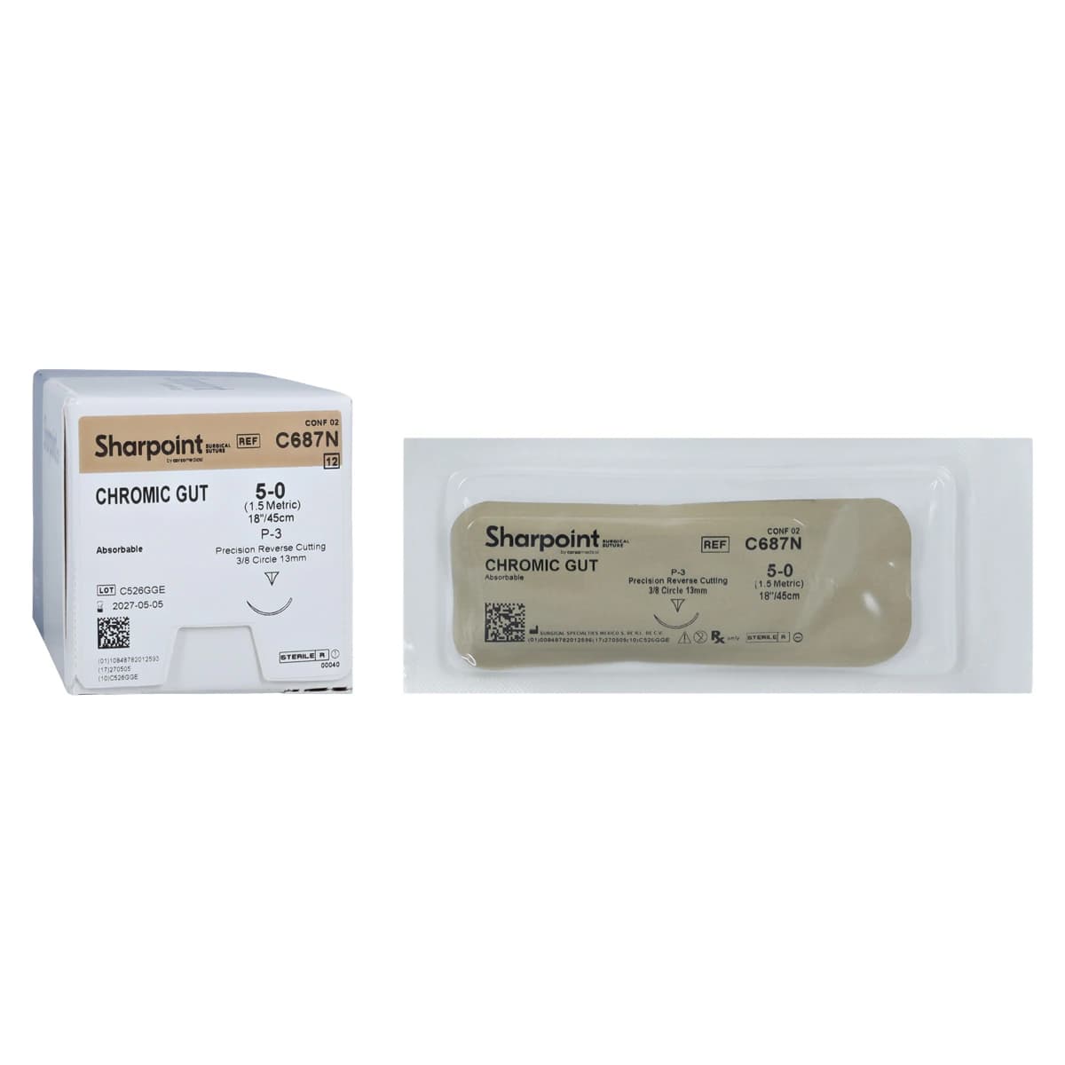 Sharpoint Plus Chromic Gut Suture, 5-0, 18" (45cm), P-3 Precision Point Reverse Cutting 3/8 Circle 13mm Needle, Undyed, 12/Box - Suture Chromic Gut P-3 Abs 18" - Image 1