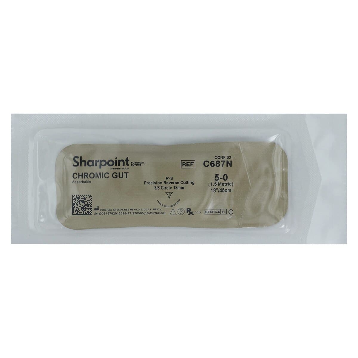 Sharpoint Plus Chromic Gut Suture, 5-0, 18" (45cm), P-3 Precision Point Reverse Cutting 3/8 Circle 13mm Needle, Undyed, 12/Box thumbnail 3