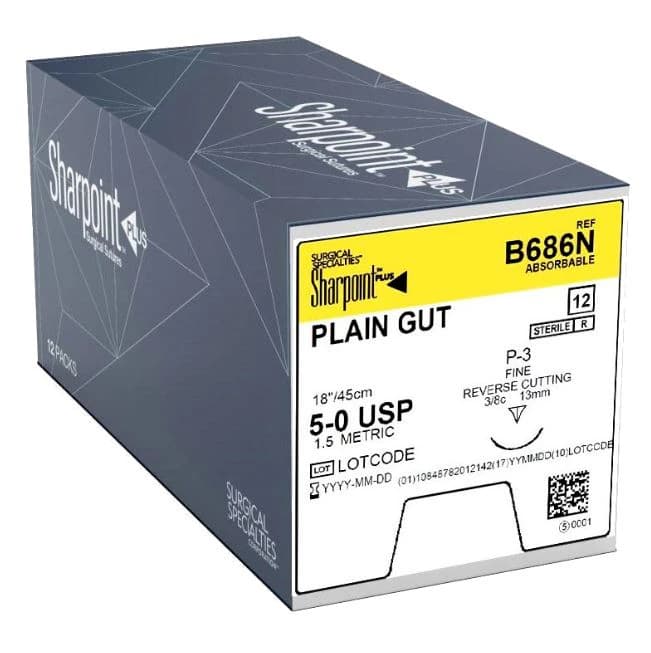 Sharpoint Plus Plain Gut Suture, 5-0, 18" (45cm), DS-12 Precision Reverse Cutting 3/8 Circle Needle 13mm, Uncoated Beige, 12/Box - Suture DS-12 Plain Gut - Image 1
