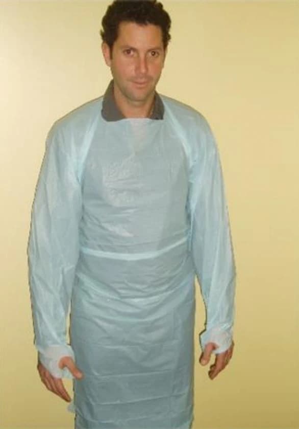 AssureWear Single Use Isolation Gown, Polyethylene Film, Adult Size Regular, Blue, Non-Sterile, Round Neck, Over the Head, Thumbloop Cuff, Long Sleeves, 75/Case - Gown Impervious Polyethylene - Image 1
