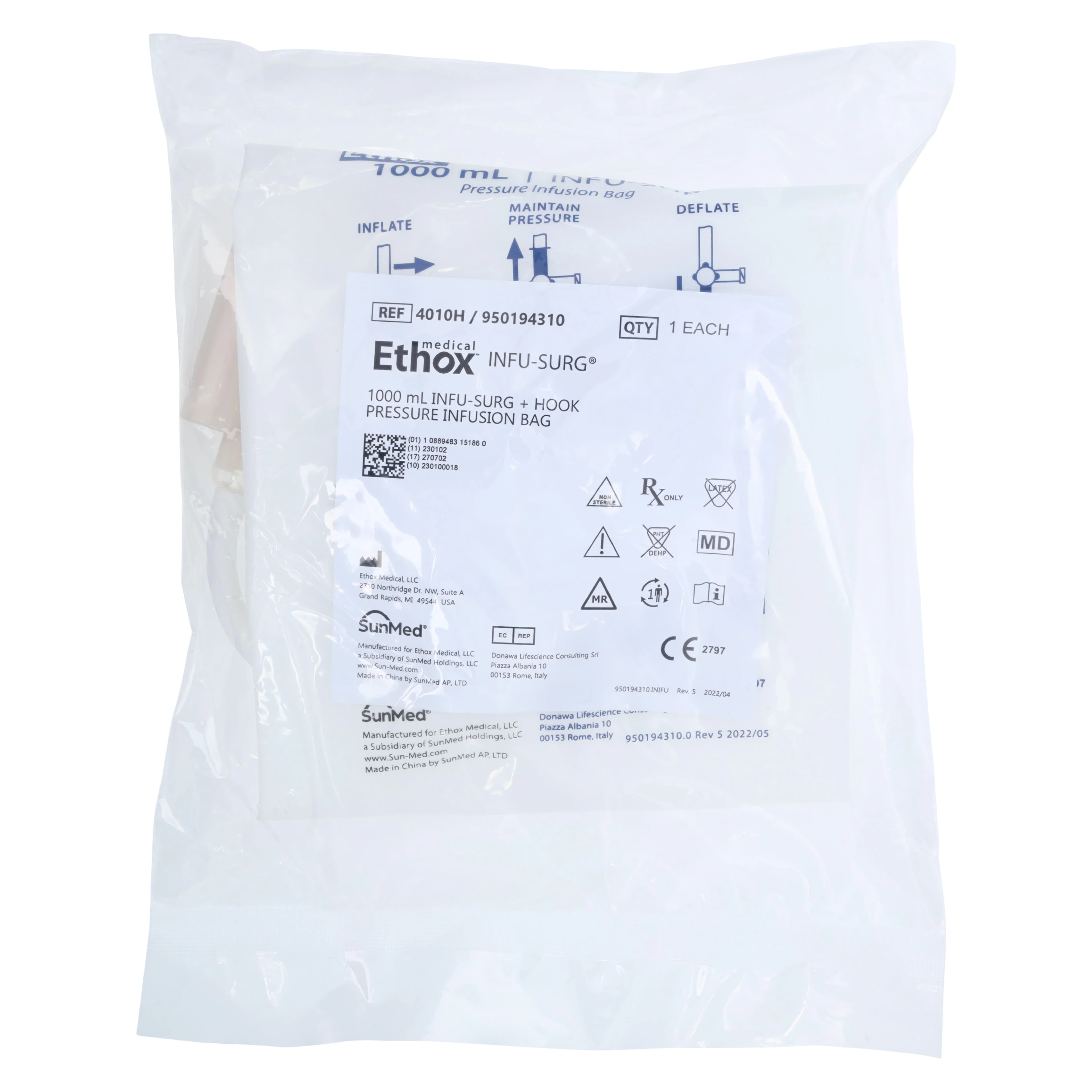 Infu-Surg Pressure Infusion Bag, 1000mL, Safety Valve, with Hook/Stopcock, Non-Sterile, Latex-Free, White, Disposable, 5/Box - Infusion Pressure Bag w/Hook - Image 1