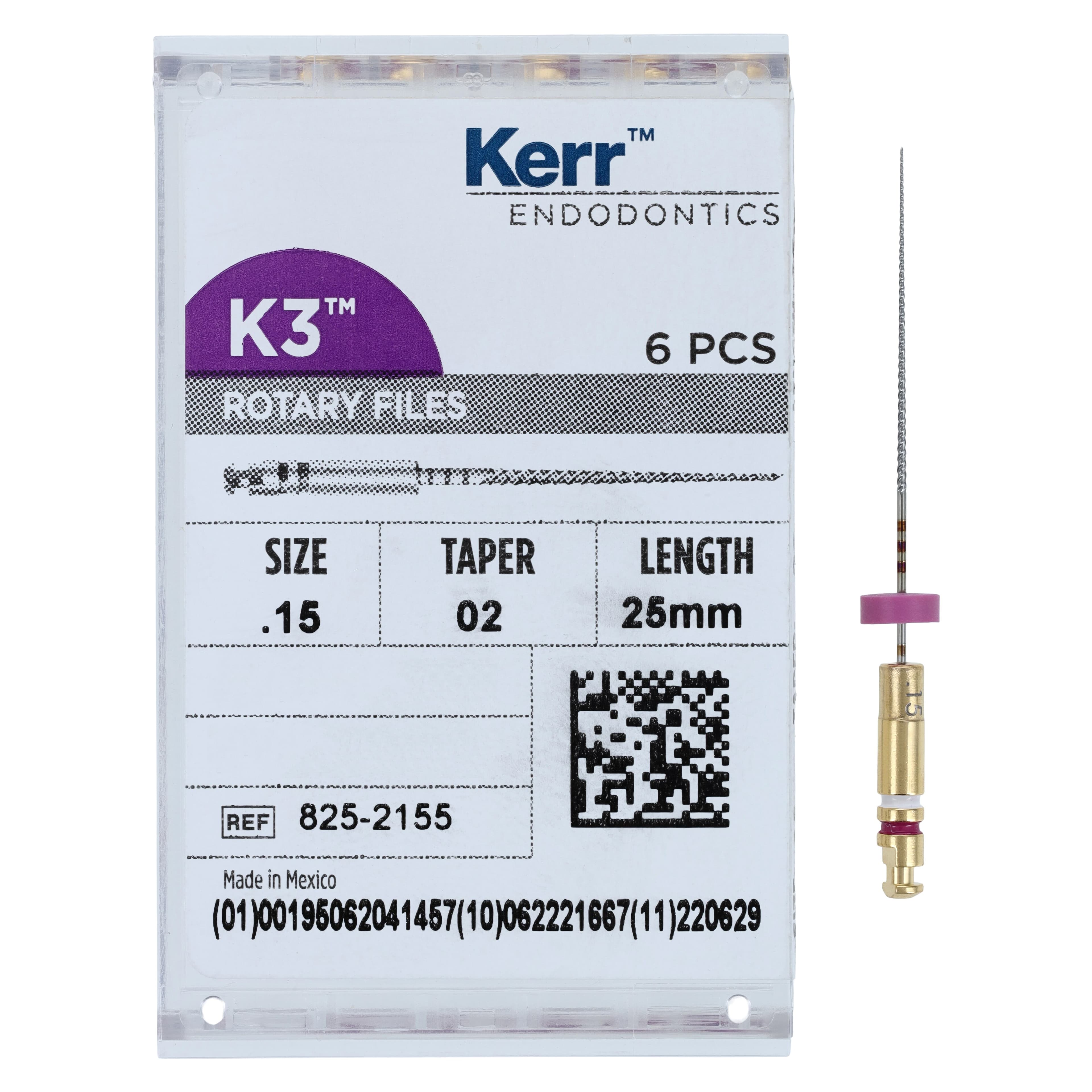 K3 Nickel Titanium Rotary Endodontic File, #15, .02 Taper, 25 mm, White, 6/Pk, 825-2155 thumbnail 4
