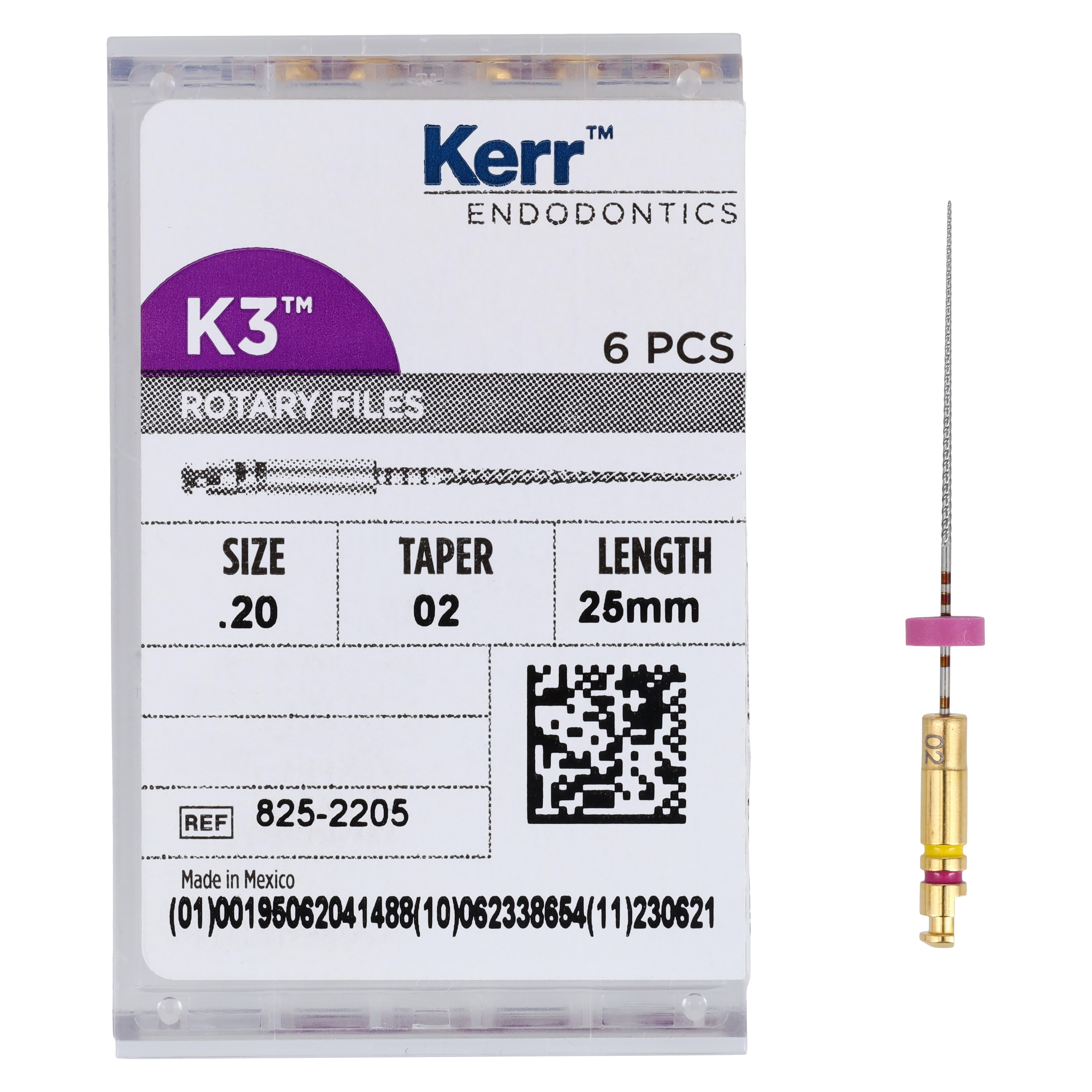 K3 Nickel Titanium Rotary Endodontic File, Size #20, 0.02 Taper, 25 mm, Yellow, 6/Pack, 825-2205 thumbnail 4