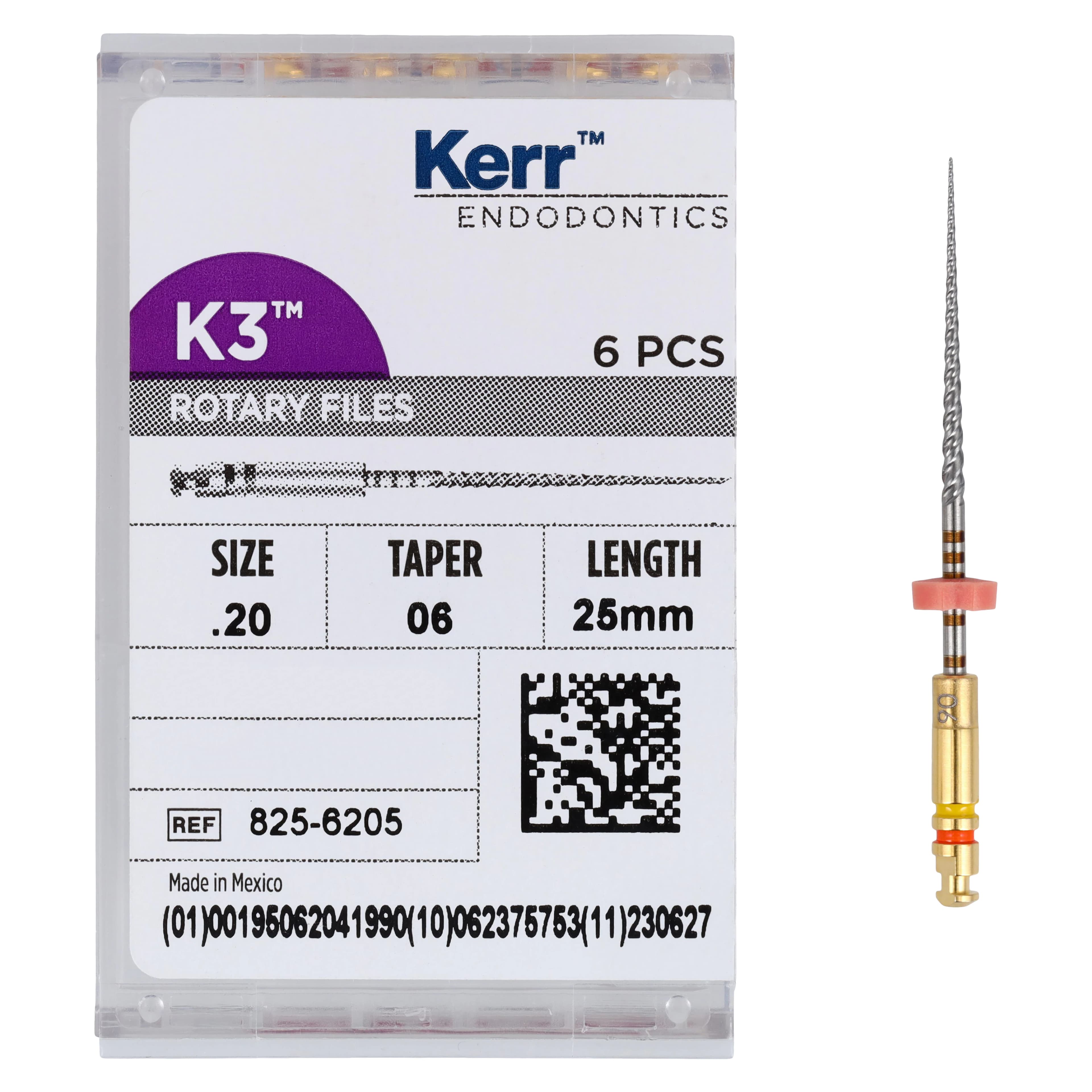 K3 Nickel Titanium Rotary Endodontic Files, Size #20, .06 Taper, 25 mm, Yellow, 6/Pack, 825-6205 thumbnail 4