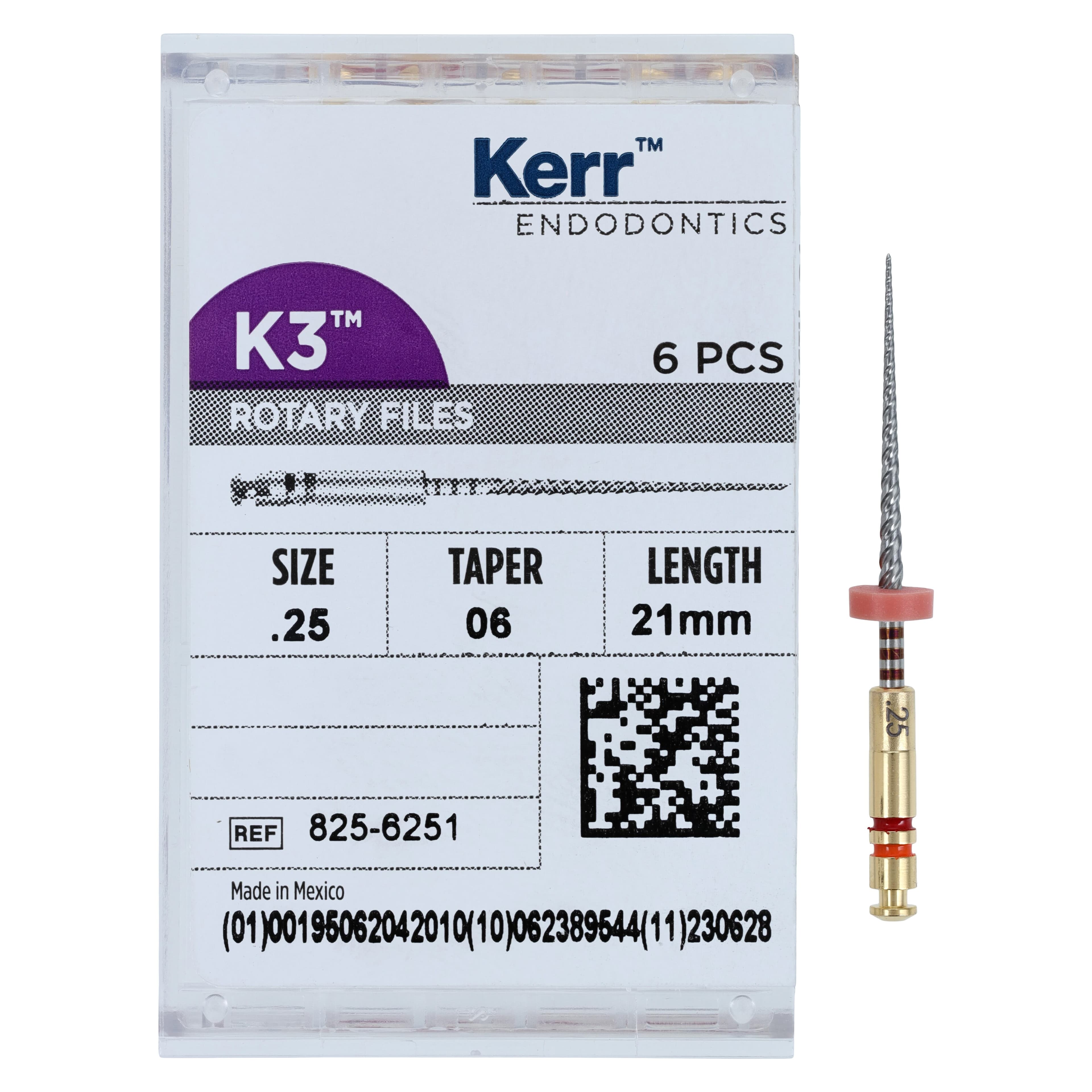 K3 Nickel Titanium Rotary Endodontic Files, 21 mm, Size #25, 0.06 Taper, Red, 6/Pack, 825-6251 thumbnail 4